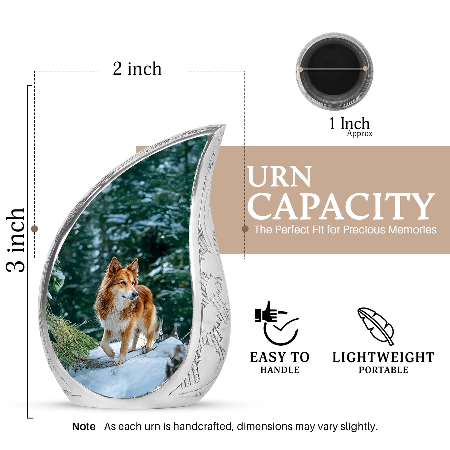 Tropical Teal Dog Cremation Urn angled view of lid and engraved motif - graceful tear-shaped urn with dog motif - mini keepsake memorial for portion of cremation ashes