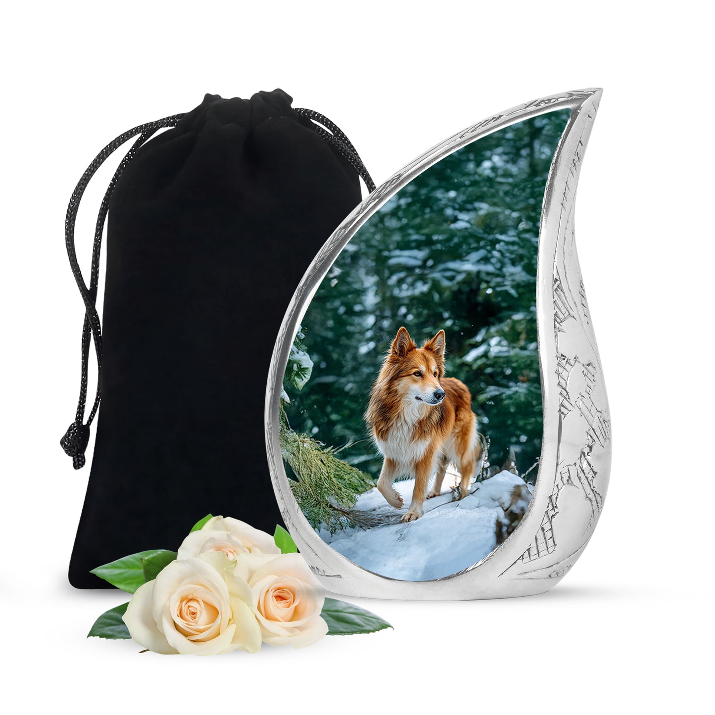Vivid Teal Dog Cremation Urn front view showing detailed design - graceful tear-shaped urn with dog motif - full-size 10 inch 200 cubic inch adult cremation urn