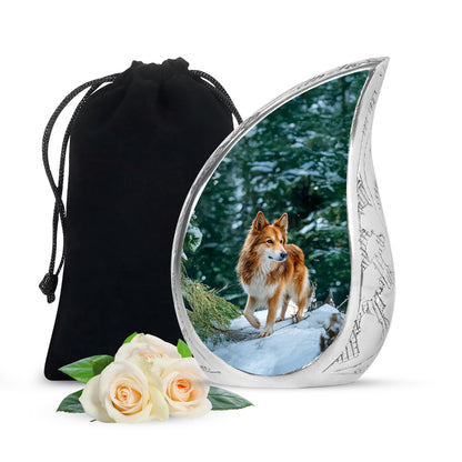 Vivid Teal Dog Cremation Urn front view showing detailed design - graceful tear-shaped urn with dog motif - full-size 10 inch 200 cubic inch adult cremation urn
