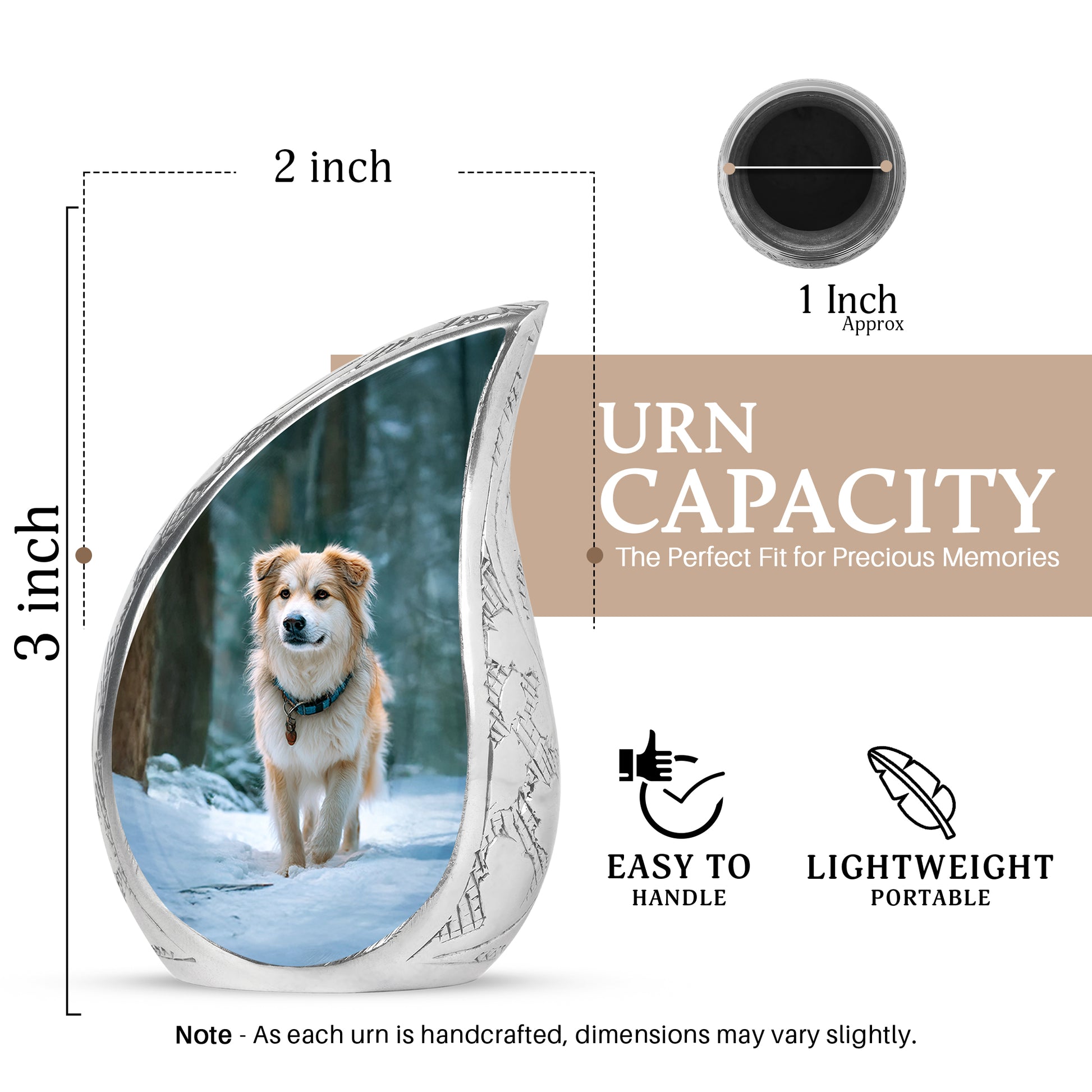 Ocean Teal Dog Cremation Urn angled view of lid and engraved motif - rounded teardrop dog design with delicate detail - mini keepsake memorial for portion of cremation ashes