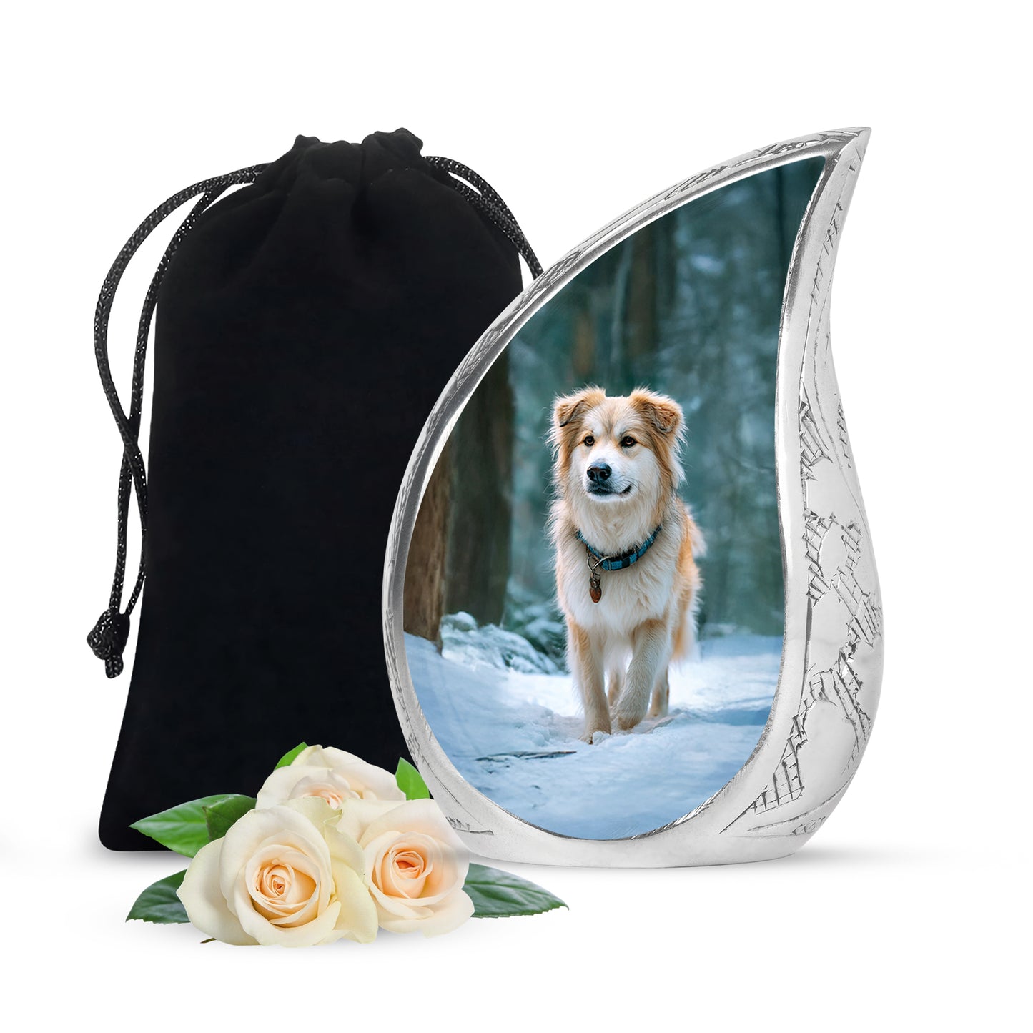 Vivid Teal Dog Cremation Urn front view showing detailed design - smooth teardrop contour featuring dog art - full-size 10 inch 200 cubic inch adult cremation urn