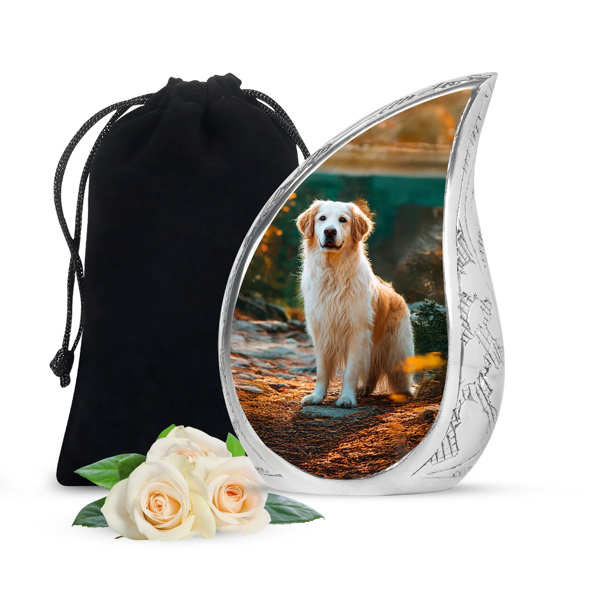 Glossy Black Dog Cremation Urn front view showing detailed design - flowing teardrop dog silhouette on curved aluminum - full-size 10 inch 200 cubic inch adult cremation urn