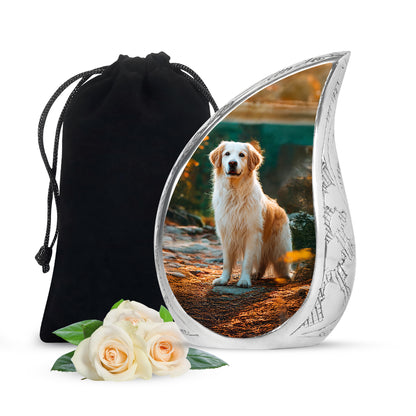 Glossy Black Dog Cremation Urn front view showing detailed design - flowing teardrop dog silhouette on curved aluminum - full-size 10 inch 200 cubic inch adult cremation urn