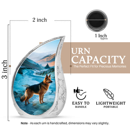 Azure Dog Cremation Urn angled view of lid and engraved motif - flowing teardrop dog silhouette on curved aluminum - mini keepsake memorial for portion of cremation ashes