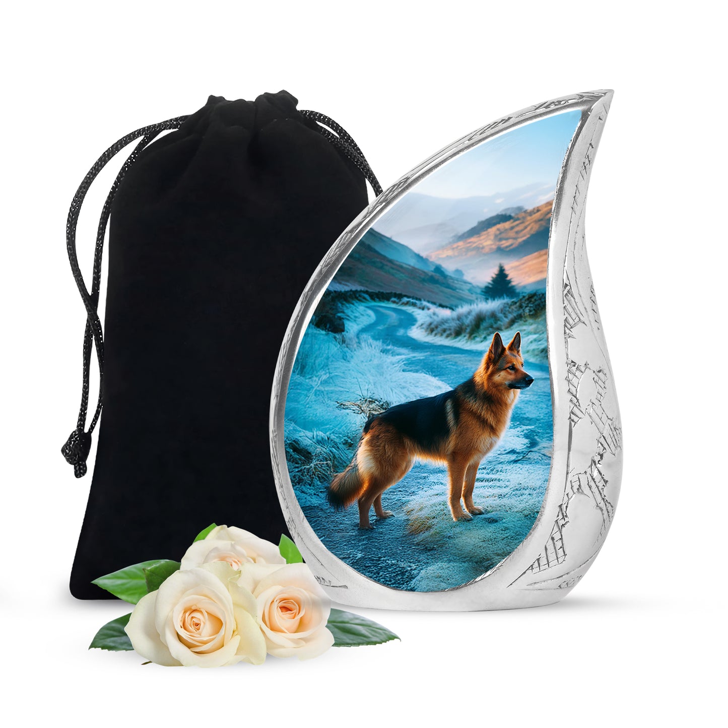 Cornflower Blue Dog Cremation Urn front view showing detailed design - smooth teardrop contour featuring dog art - full-size 10 inch 200 cubic inch adult cremation urn