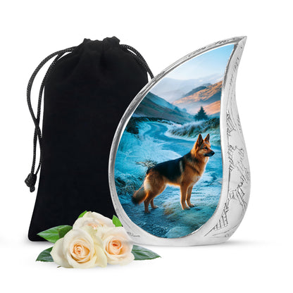 Cornflower Blue Dog Cremation Urn front view showing detailed design - smooth teardrop contour featuring dog art - full-size 10 inch 200 cubic inch adult cremation urn