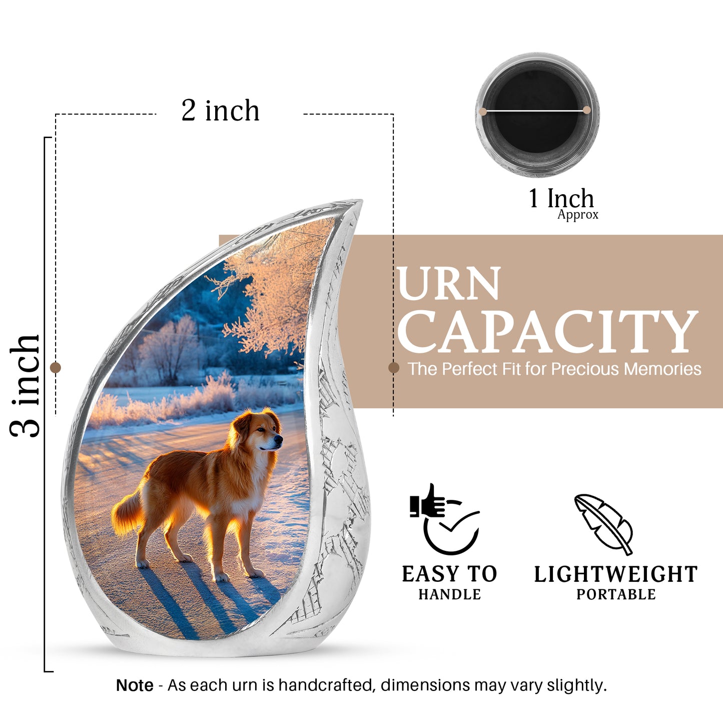 Celestial Blue Dog Cremation Urn angled view of lid and engraved motif - flowing teardrop dog silhouette on curved aluminum - mini keepsake memorial for portion of cremation ashes