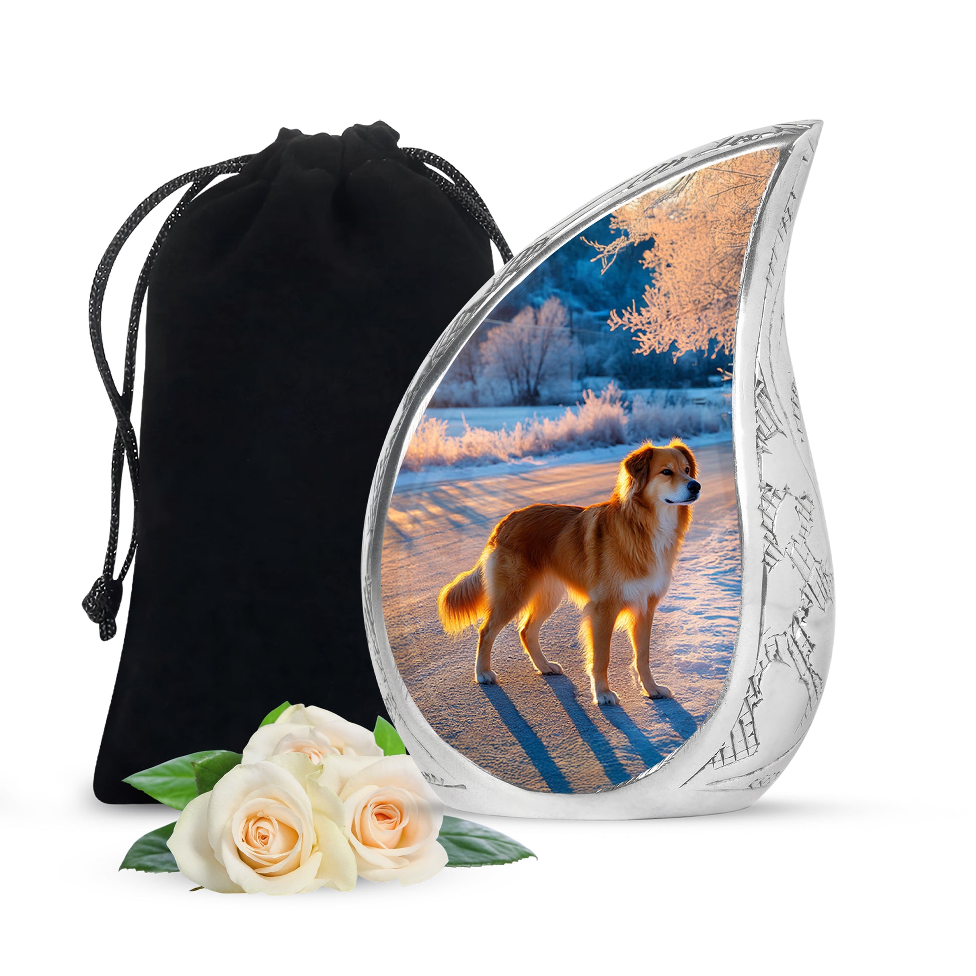 Celestial Blue Dog Cremation Urn front view showing detailed design - rounded teardrop dog design with delicate detail - full-size 10 inch 200 cubic inch adult cremation urn
