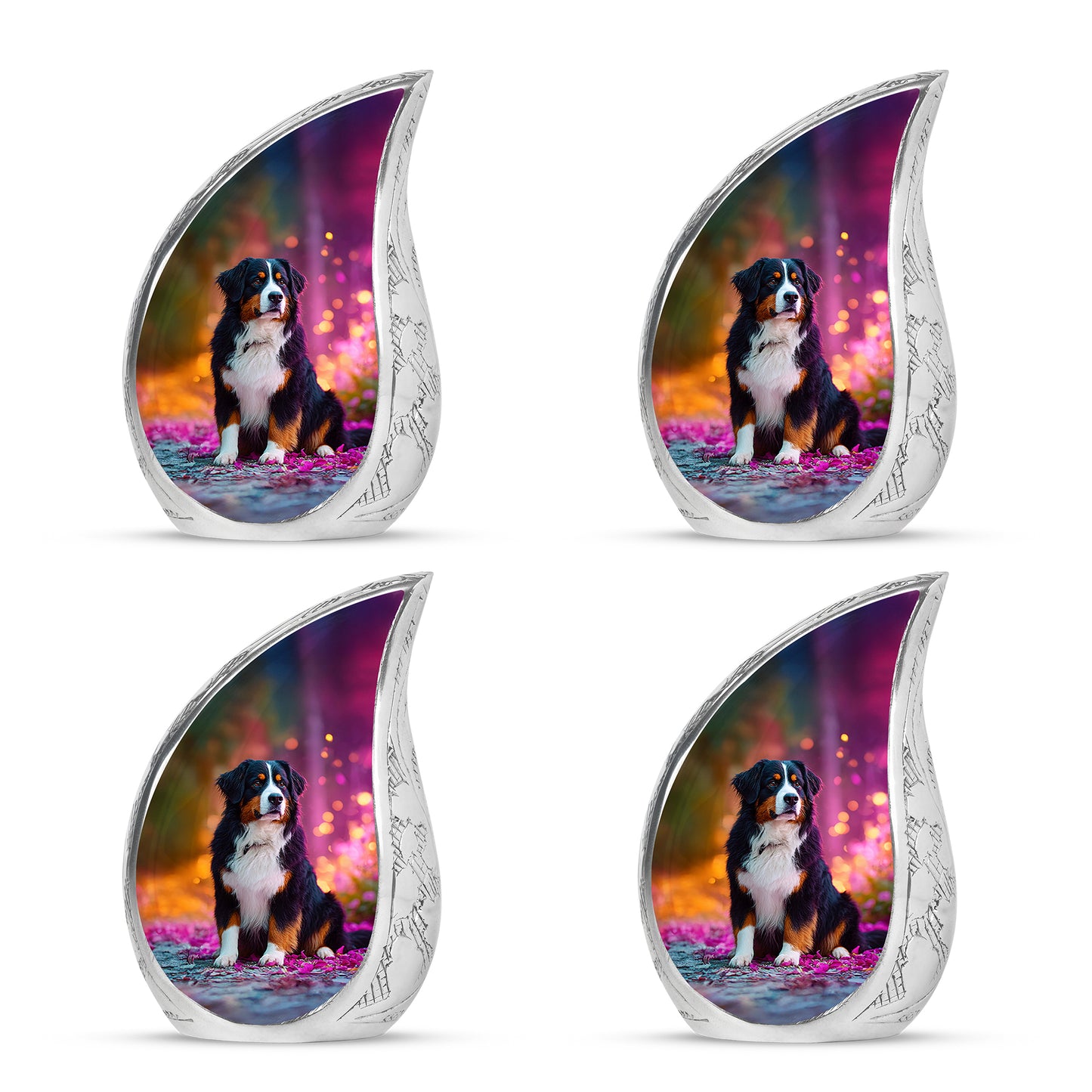 Verdant Green Dog Cremation Urn close-up of engraving and surface detail - rounded teardrop dog design with delicate detail - 10 inch aluminum urn for cremated remains