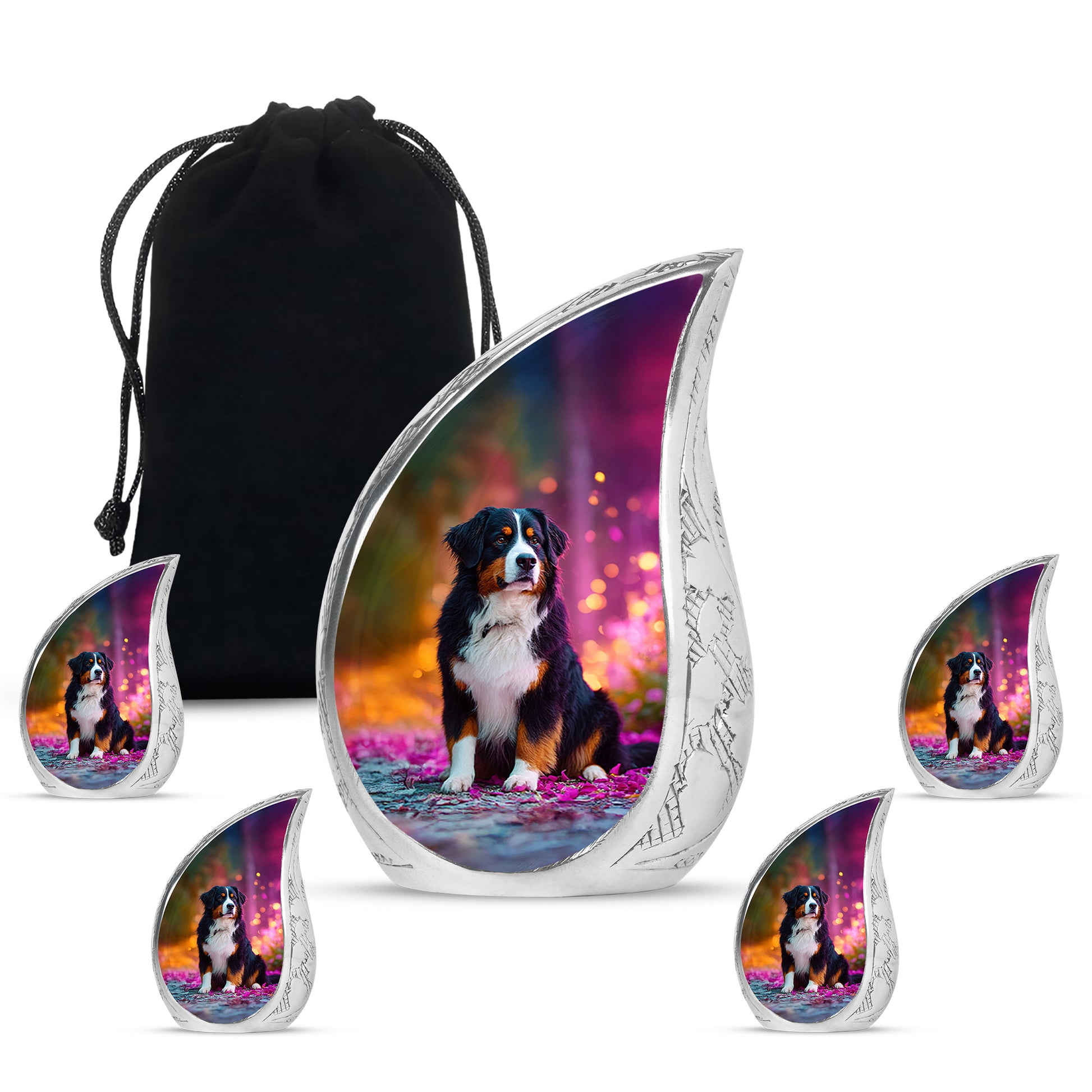 Moss Green Dog Cremation Urn side profile showing urn shape - flowing teardrop dog silhouette on curved aluminum - memorial set with one large and four small urns