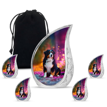 Moss Green Dog Cremation Urn side profile showing urn shape - flowing teardrop dog silhouette on curved aluminum - memorial set with one large and four small urns