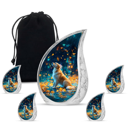 Soft Blue Dog Cremation Urn side profile showing urn shape - smooth teardrop contour featuring dog art - memorial set with one large and four small urns