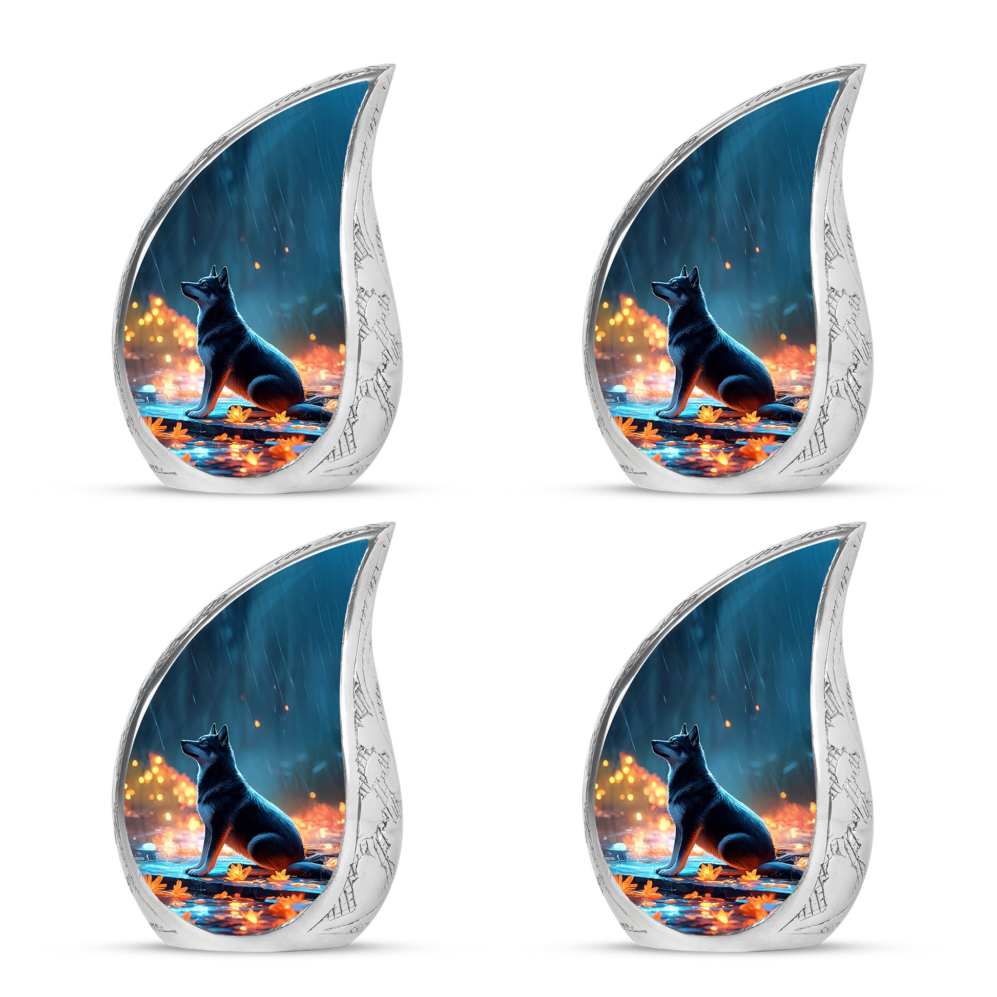 Celestial Blue Dog Cremation Urn close-up of engraving and surface detail - rounded teardrop dog design with delicate detail - 10 inch aluminum urn for cremated remains