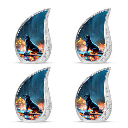 Celestial Blue Dog Cremation Urn close-up of engraving and surface detail - rounded teardrop dog design with delicate detail - 10 inch aluminum urn for cremated remains