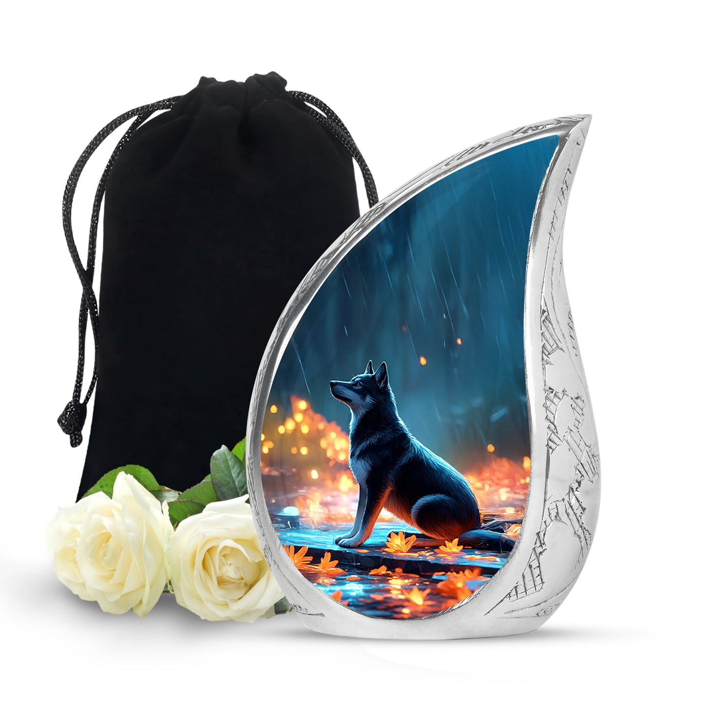 Powder Blue Dog Cremation Urn front view showing detailed design - flowing teardrop dog silhouette on curved aluminum - full-size 10 inch 200 cubic inch adult cremation urn