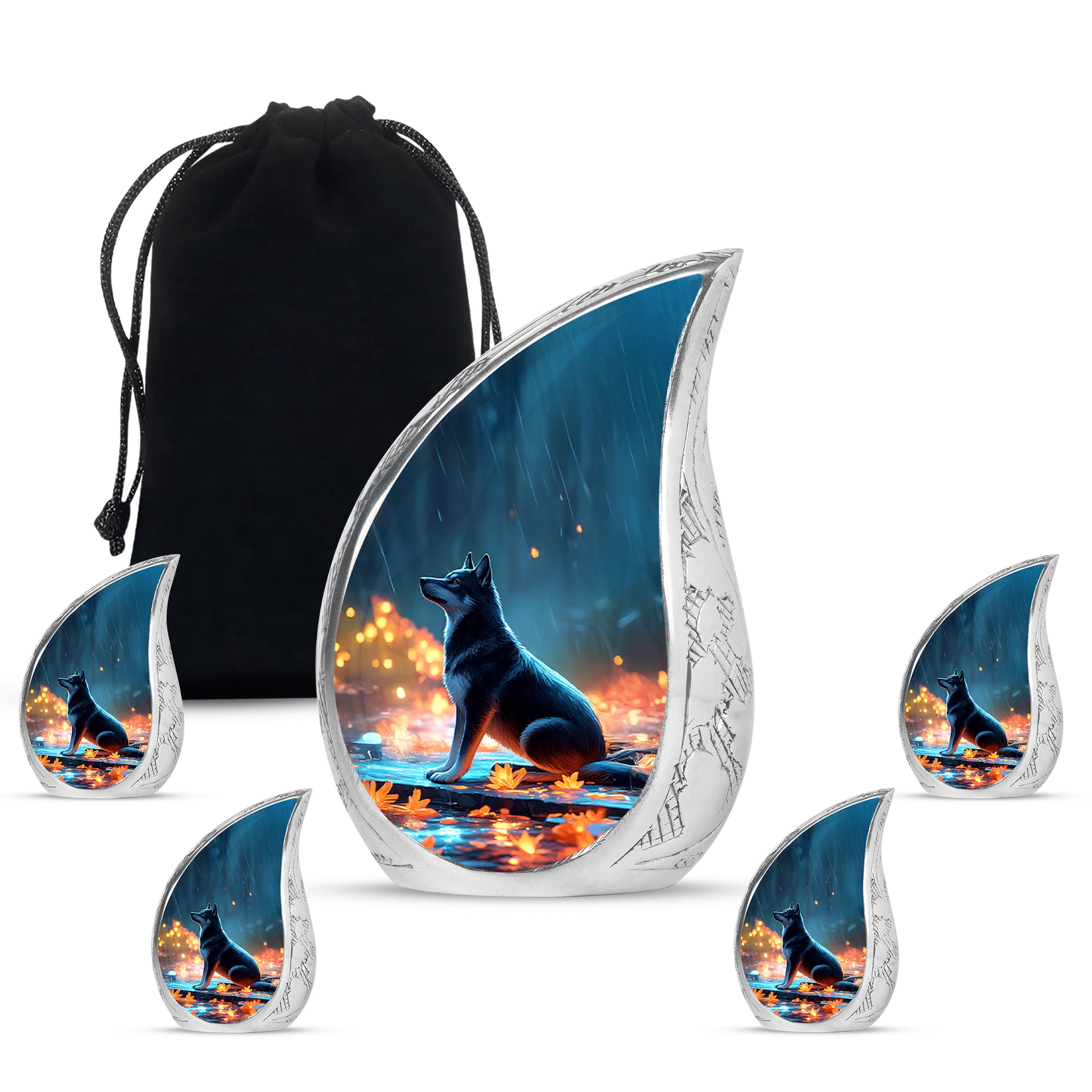 Twilight Blue Dog Cremation Urn side profile showing urn shape - smooth teardrop contour featuring dog art - memorial set with one large and four small urns