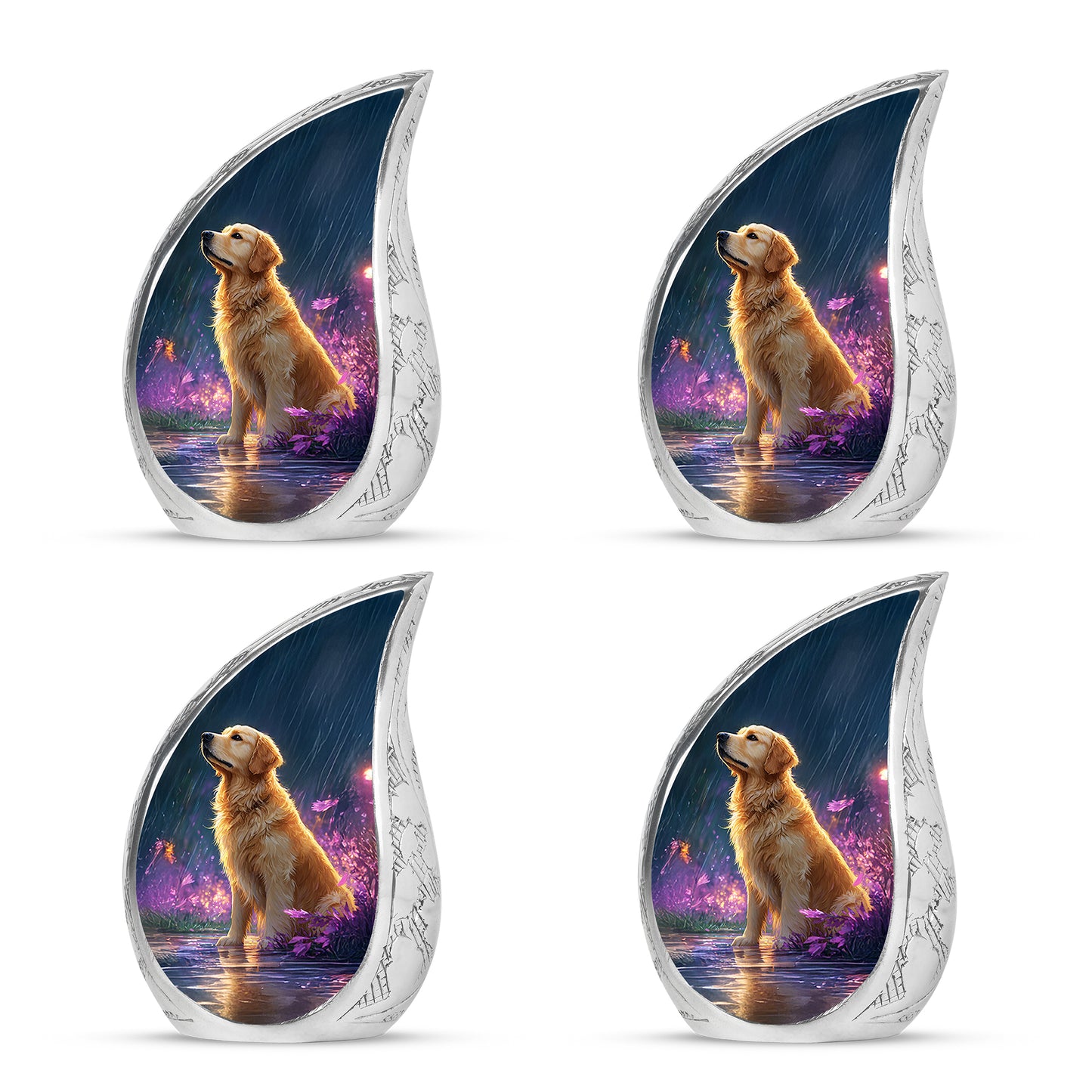 Icy Blue Dog Cremation Urn close-up of engraving and surface detail - rounded teardrop dog design with delicate detail - 10 inch aluminum urn for cremated remains
