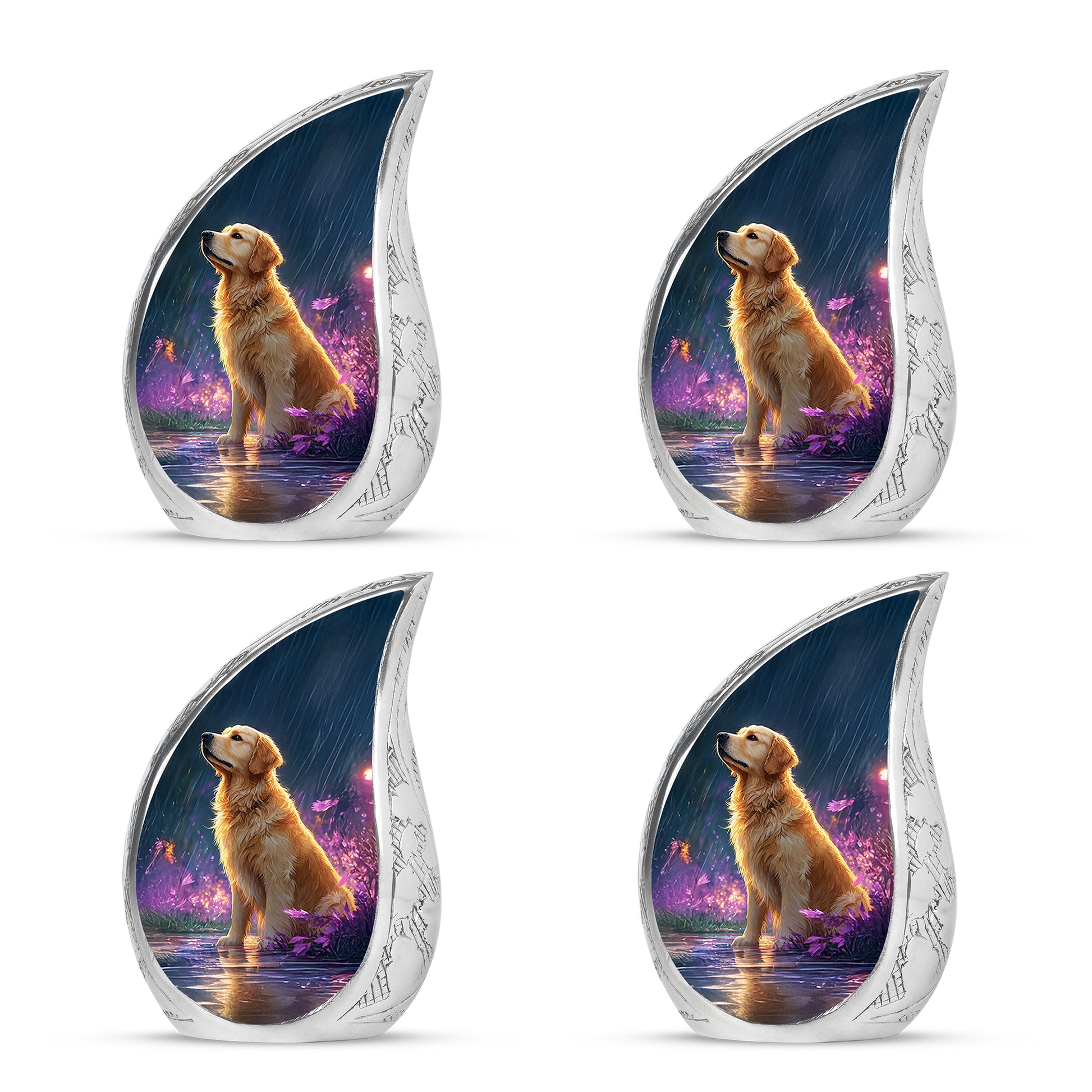 Icy Blue Dog Cremation Urn close-up of engraving and surface detail - rounded teardrop dog design with delicate detail - 10 inch aluminum urn for cremated remains