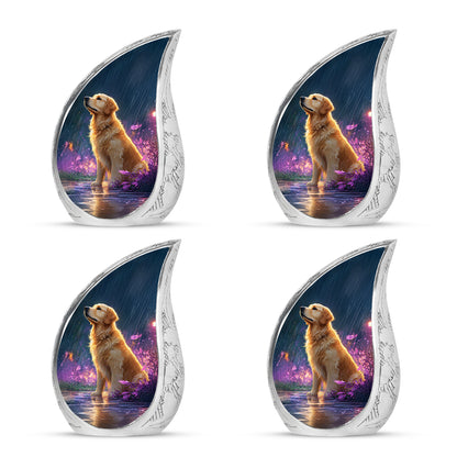 Icy Blue Dog Cremation Urn close-up of engraving and surface detail - rounded teardrop dog design with delicate detail - 10 inch aluminum urn for cremated remains