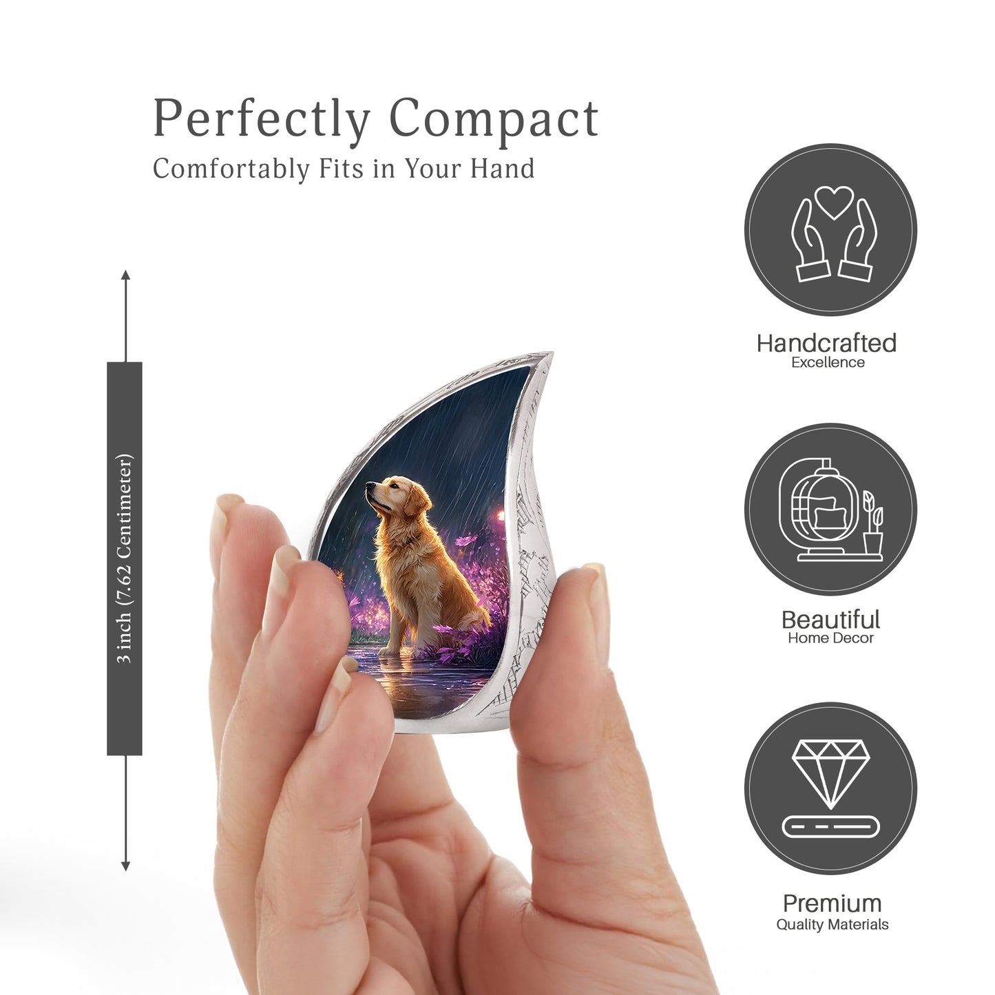 Calming Blue Dog Cremation Urn angled view of lid and engraved motif - smooth teardrop contour featuring dog art - mini keepsake memorial for portion of cremation ashes