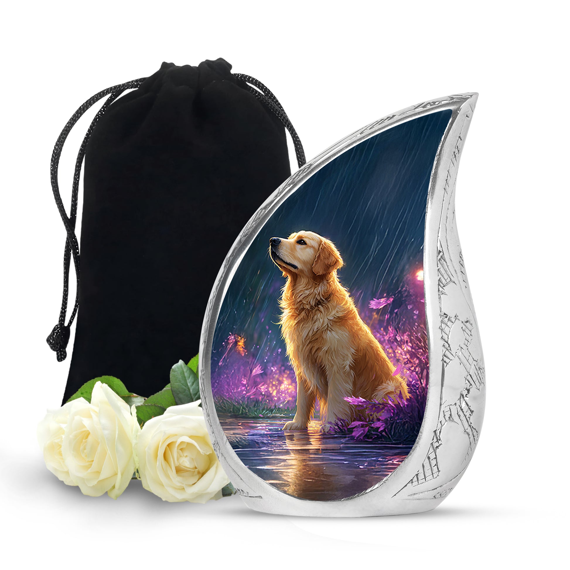 Icy Blue Dog Cremation Urn front view showing detailed design - rounded teardrop dog design with delicate detail - full-size 10 inch 200 cubic inch adult cremation urn