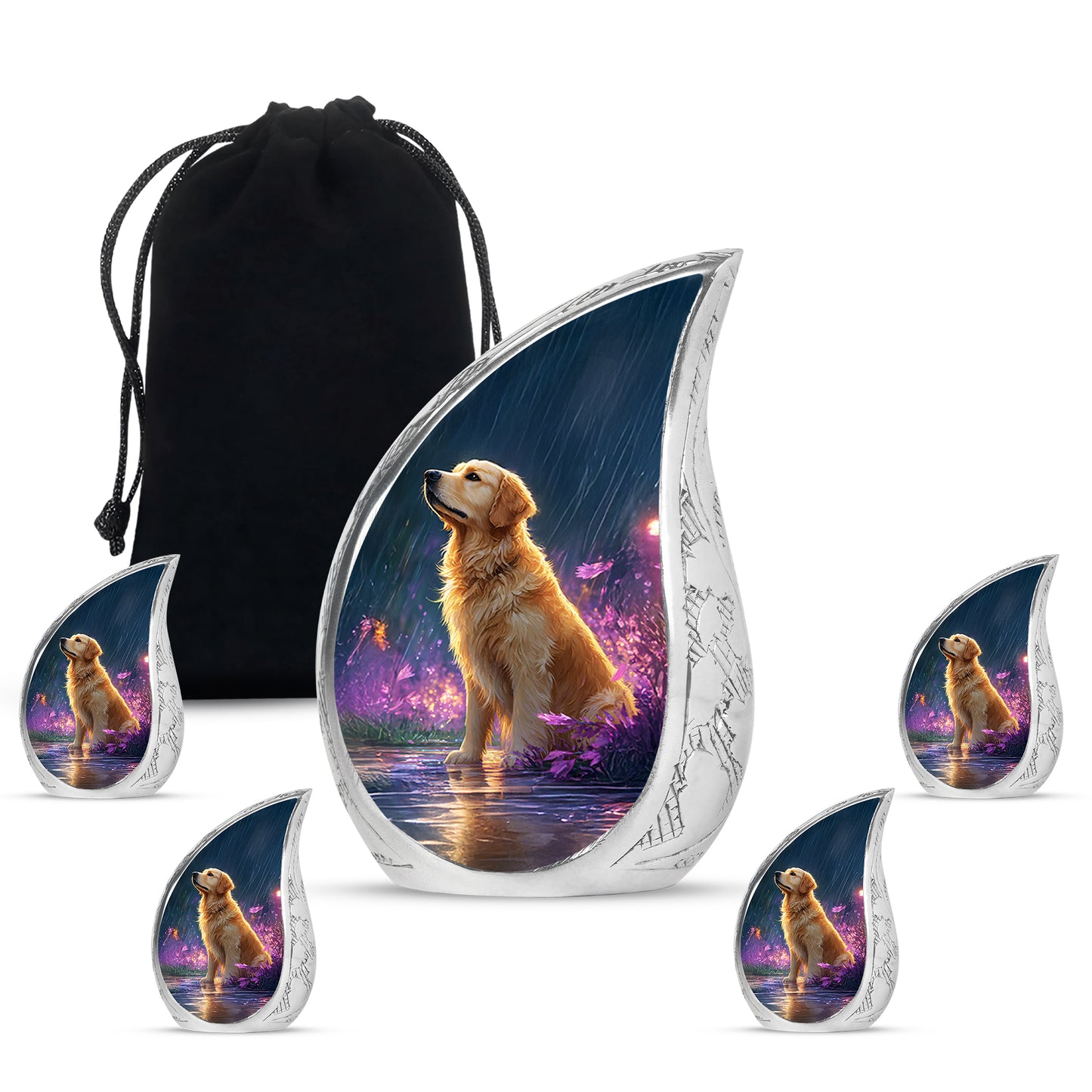 Vivid Blue Dog Cremation Urn side profile showing urn shape - graceful tear-shaped urn with dog motif - memorial set with one large and four small urns