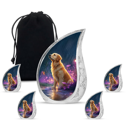 Vivid Blue Dog Cremation Urn side profile showing urn shape - graceful tear-shaped urn with dog motif - memorial set with one large and four small urns