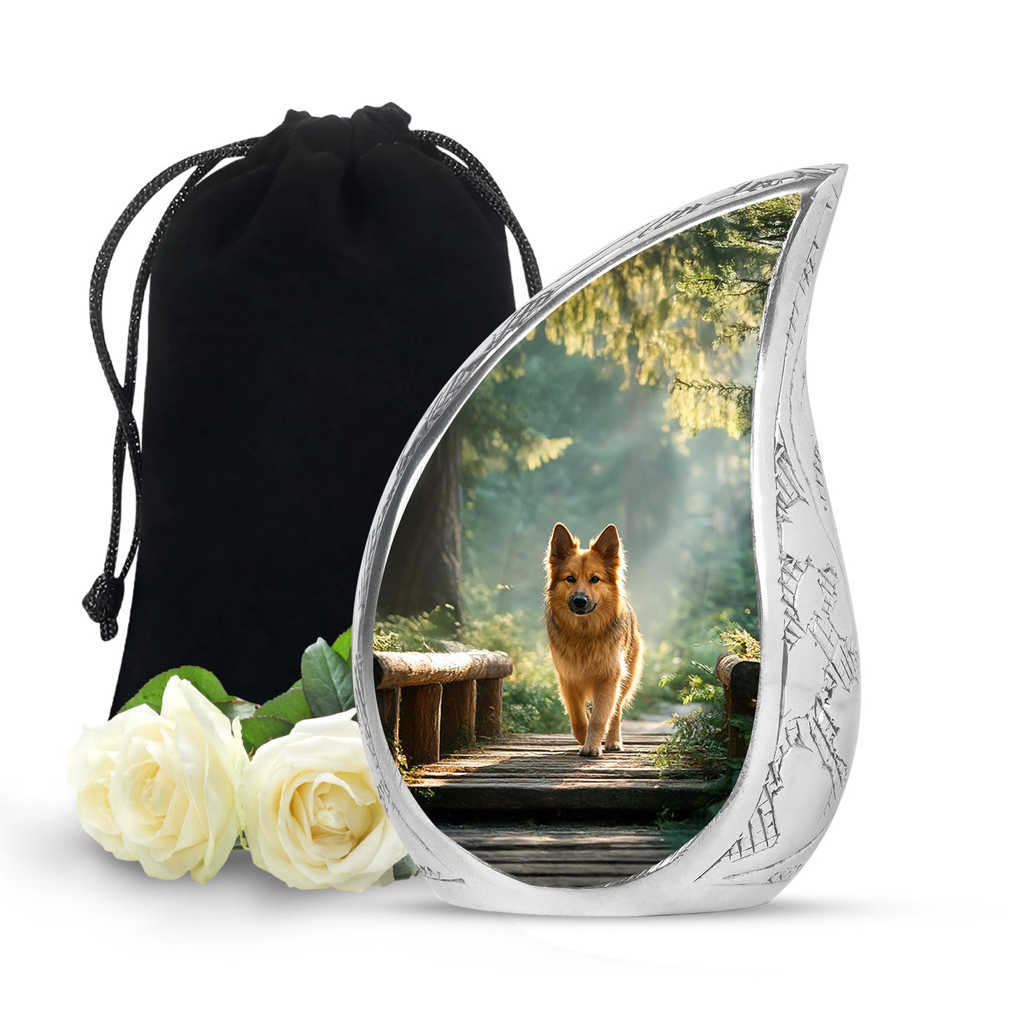 Emerald Green Dog Cremation Urn front view showing detailed design - flowing teardrop dog silhouette on curved aluminum - full-size 10 inch 200 cubic inch adult cremation urn