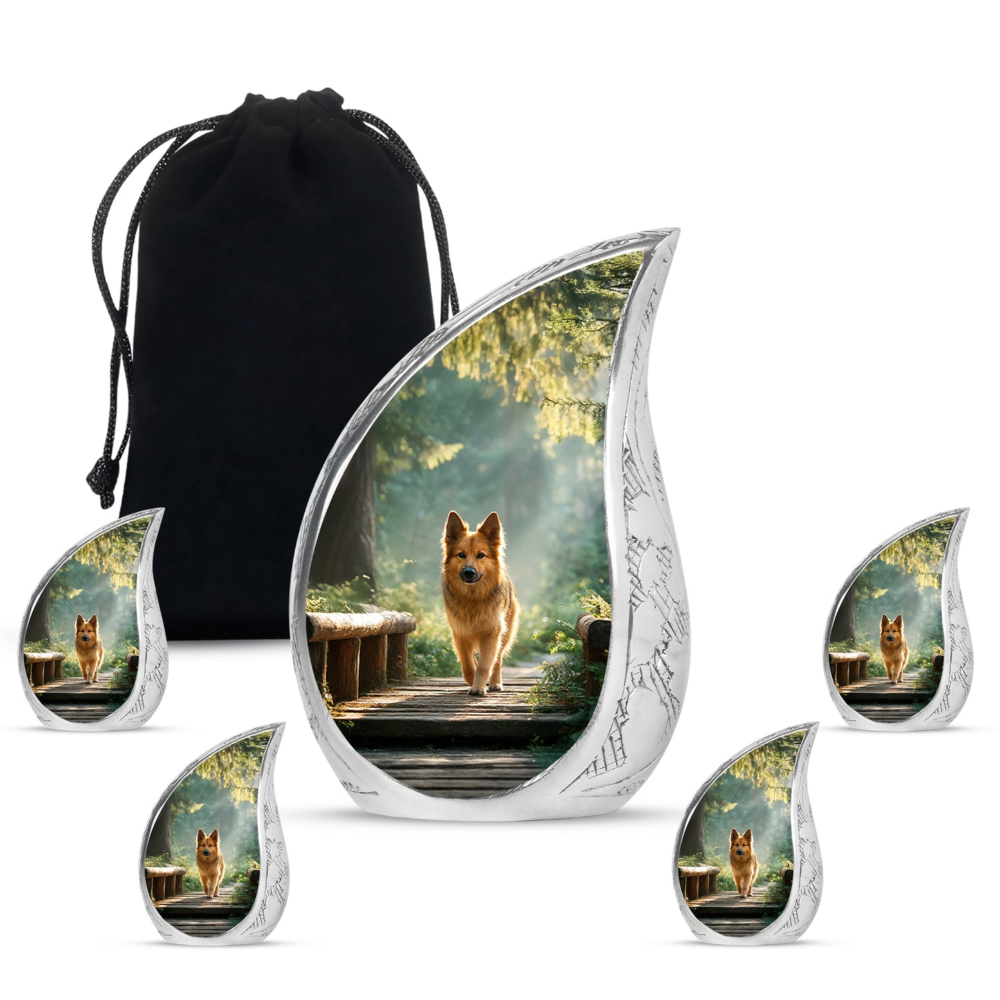 Sage Green Dog Cremation Urn side profile showing urn shape - rounded teardrop dog design with delicate detail - memorial set with one large and four small urns