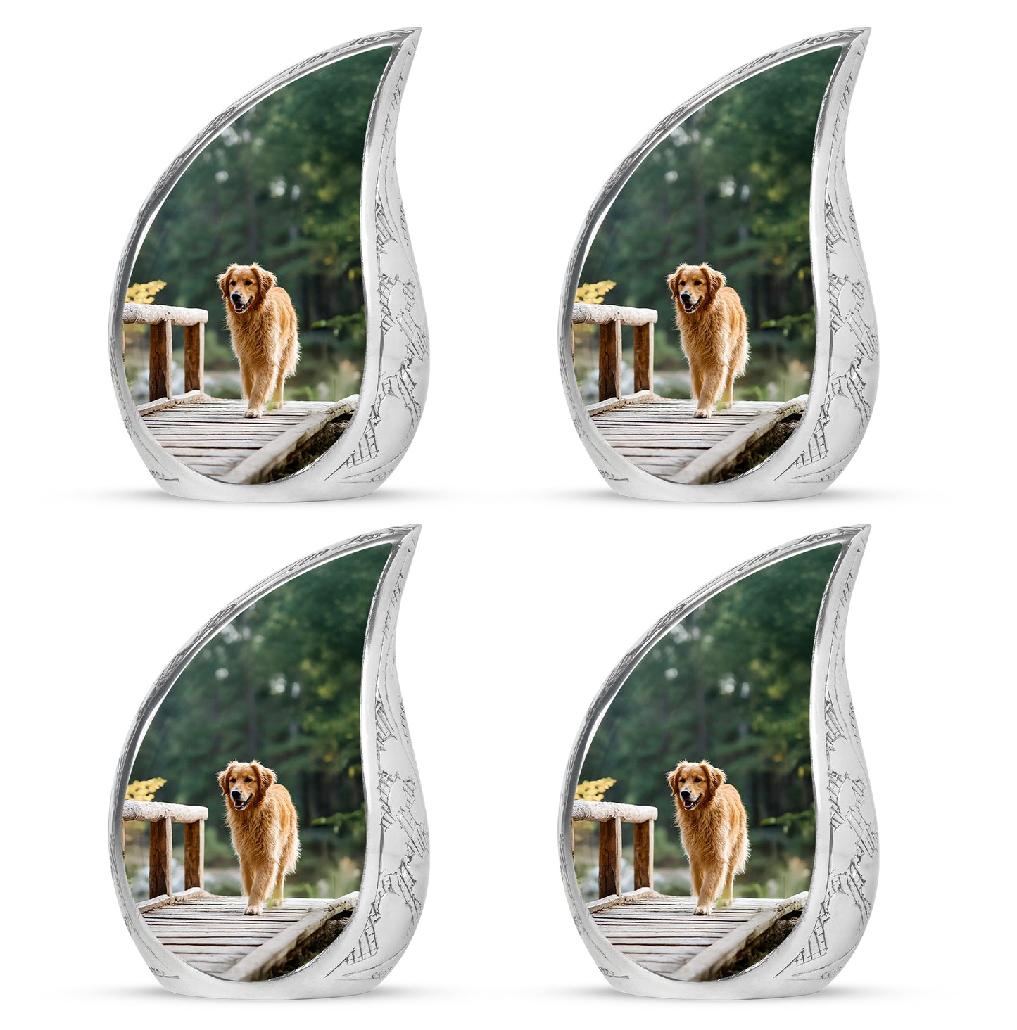 Forest Green Dog Cremation Urn close-up of engraving and surface detail - graceful tear-shaped urn with dog motif - 10 inch aluminum urn for cremated remains