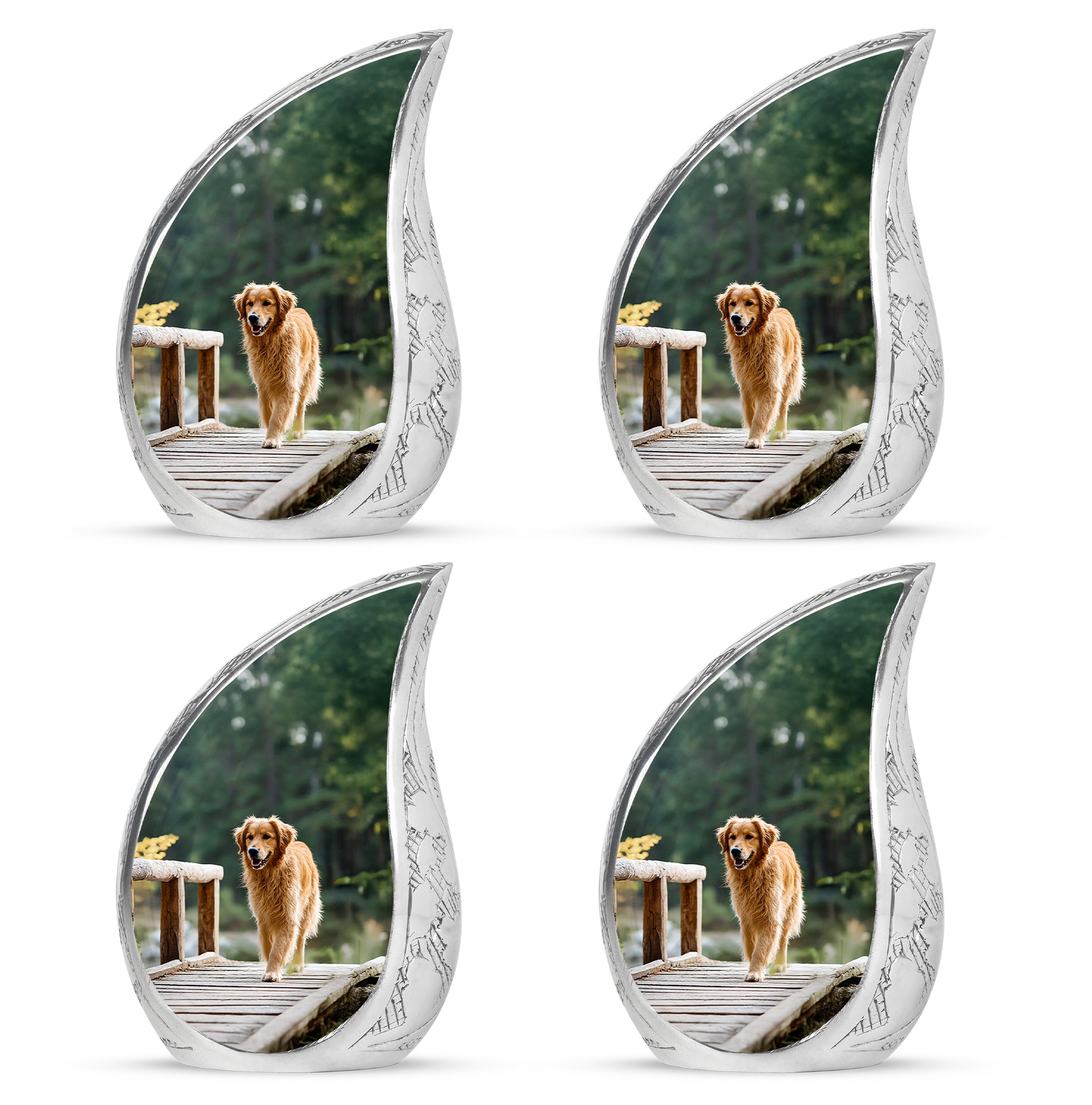 Forest Green Dog Cremation Urn close-up of engraving and surface detail - graceful tear-shaped urn with dog motif - 10 inch aluminum urn for cremated remains