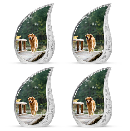 Forest Green Dog Cremation Urn close-up of engraving and surface detail - graceful tear-shaped urn with dog motif - 10 inch aluminum urn for cremated remains