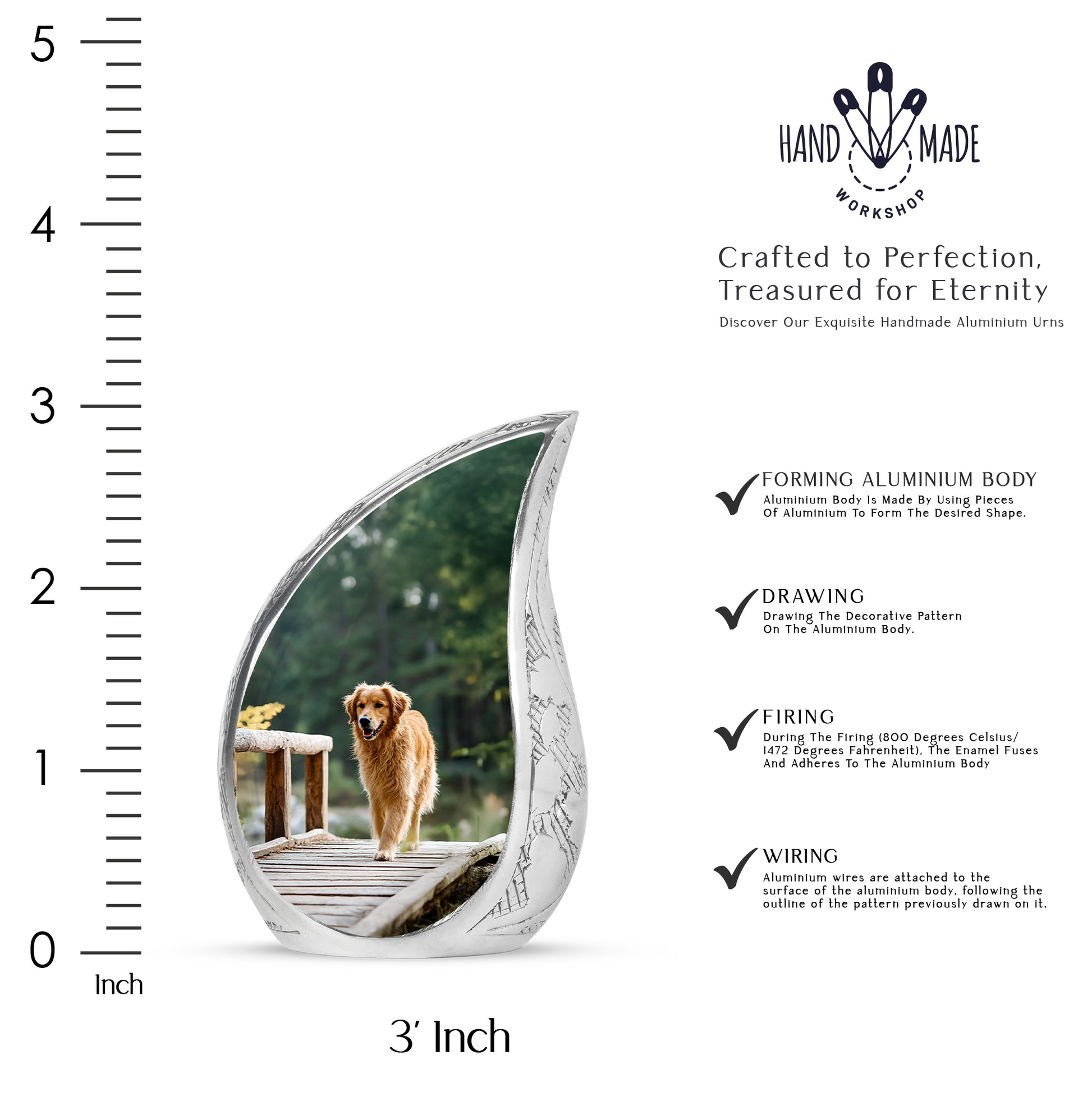 Forest Green Dog Cremation Urn angled view of lid and engraved motif - smooth teardrop contour featuring dog art - mini keepsake memorial for portion of cremation ashes