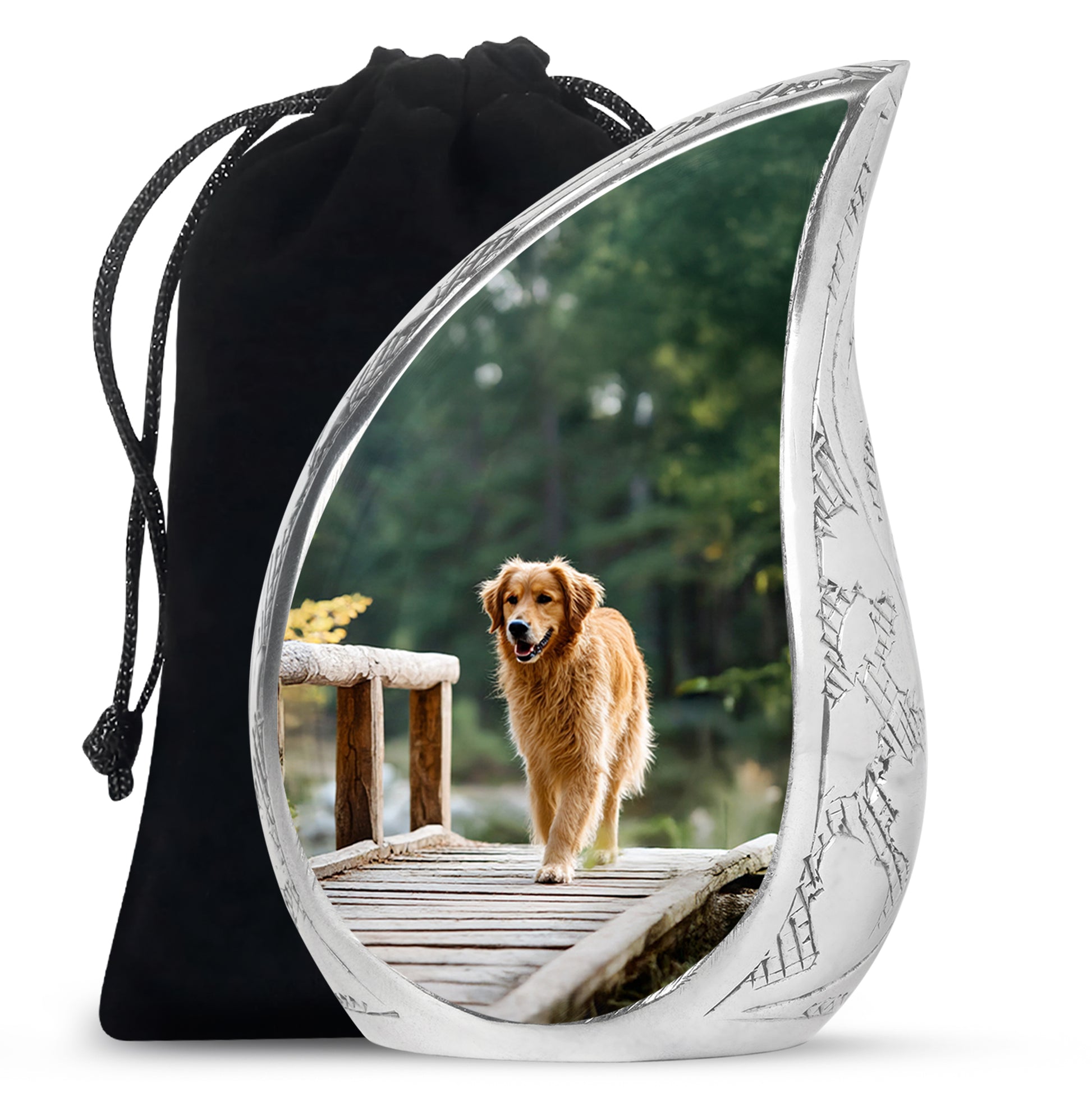 Verdant Green Dog Cremation Urn front view showing detailed design - flowing teardrop dog silhouette on curved aluminum - full-size 10 inch 200 cubic inch adult cremation urn