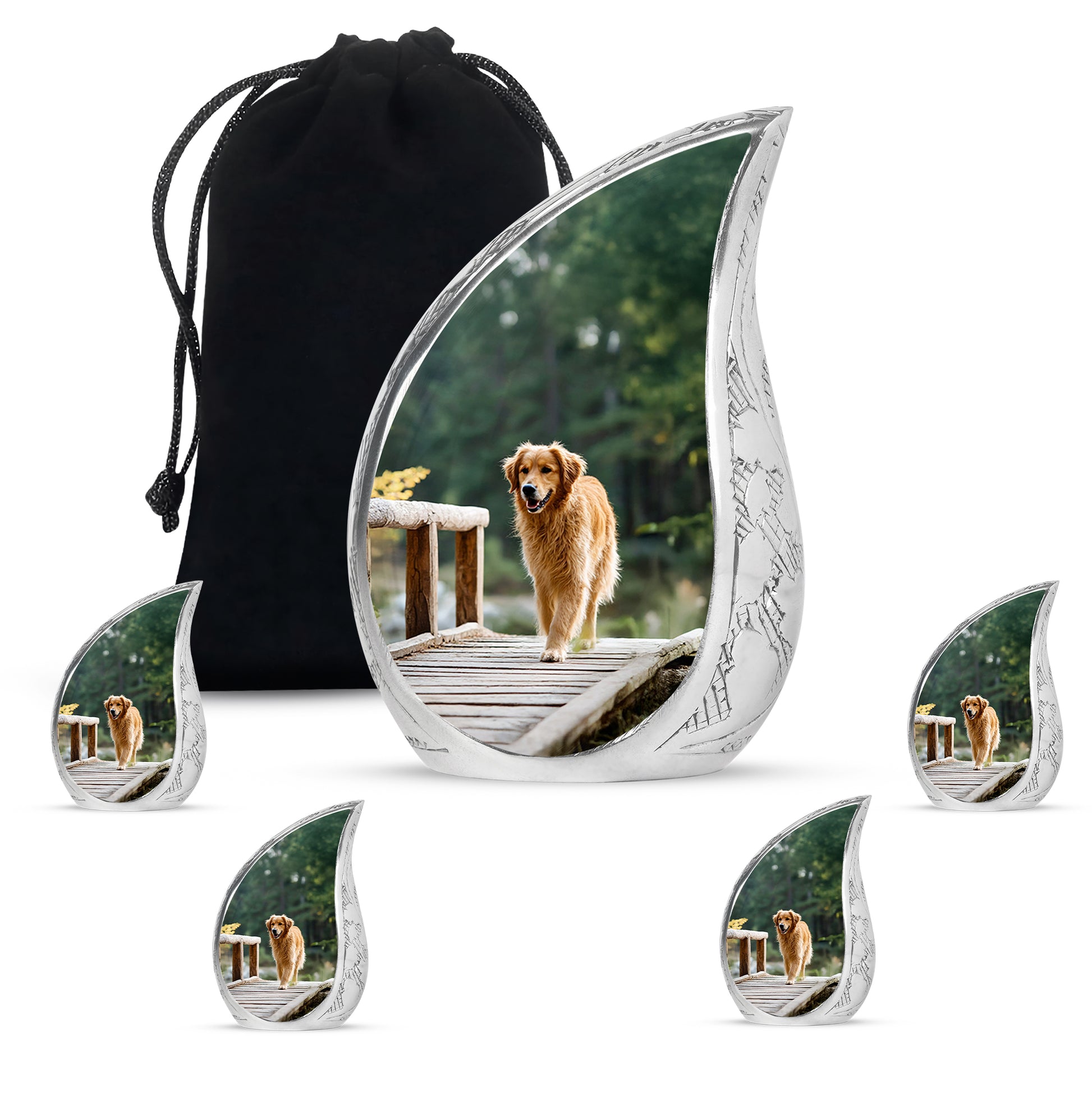 Jade Green Dog Cremation Urn side profile showing urn shape - rounded teardrop dog design with delicate detail - memorial set with one large and four small urns