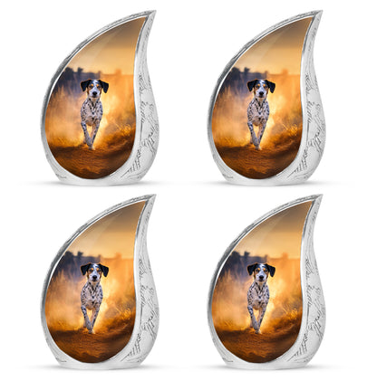 Harvest Gold Dog Cremation Urn close-up of engraving and surface detail - graceful tear-shaped urn with dog motif - 10 inch aluminum urn for cremated remains