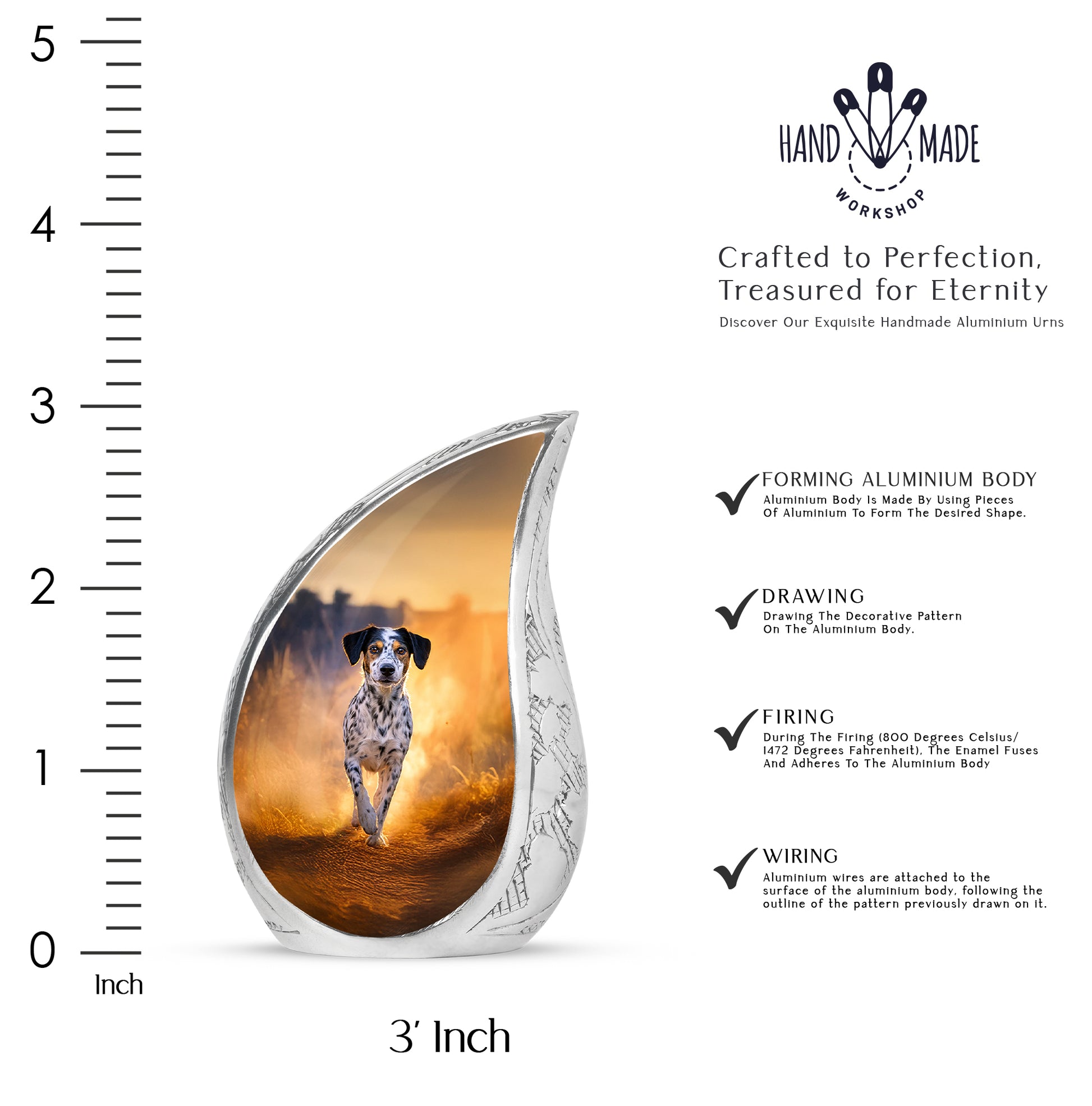 Matte Gold Dog Cremation Urn angled view of lid and engraved motif - smooth teardrop contour featuring dog art - mini keepsake memorial for portion of cremation ashes