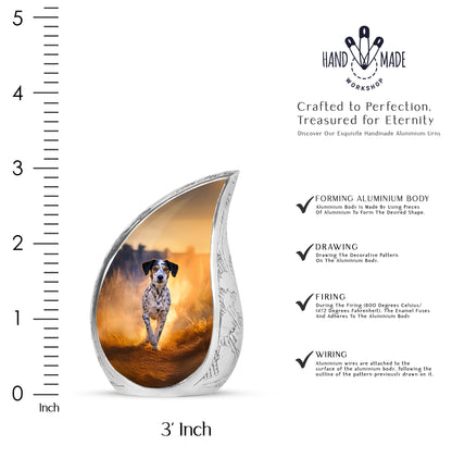 Matte Gold Dog Cremation Urn angled view of lid and engraved motif - smooth teardrop contour featuring dog art - mini keepsake memorial for portion of cremation ashes