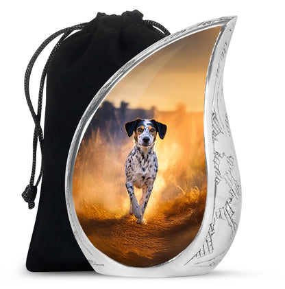 Amber Gold Dog Cremation Urn front view showing detailed design - flowing teardrop dog silhouette on curved aluminum - full-size 10 inch 200 cubic inch adult cremation urn