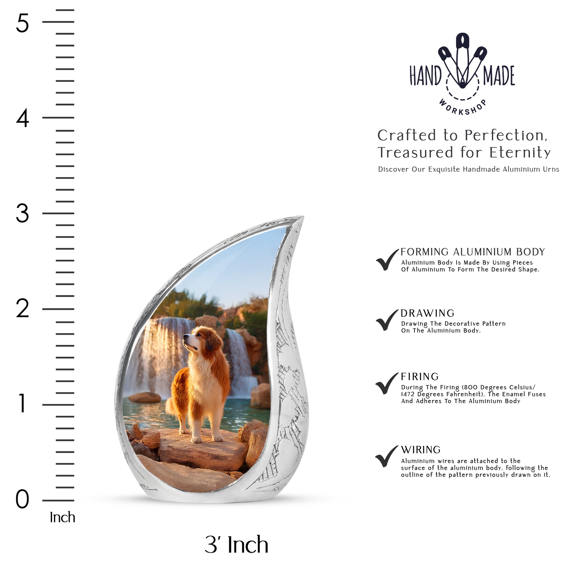 Cobalt Blue Dog Cremation Urn angled view of lid and engraved motif - graceful tear-shaped urn with dog motif - mini keepsake memorial for portion of cremation ashes