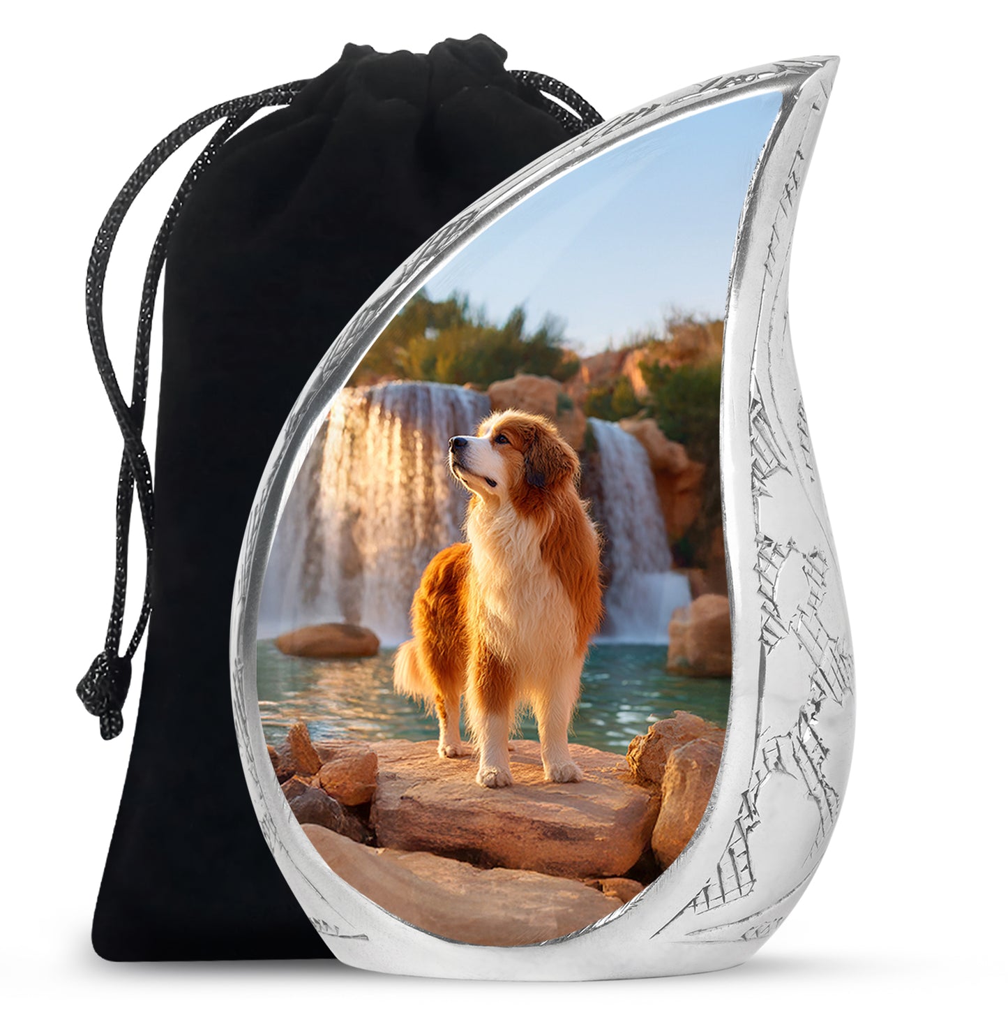 Navy Blue Dog Cremation Urn front view showing detailed design - flowing teardrop dog silhouette on curved aluminum - full-size 10 inch 200 cubic inch adult cremation urn