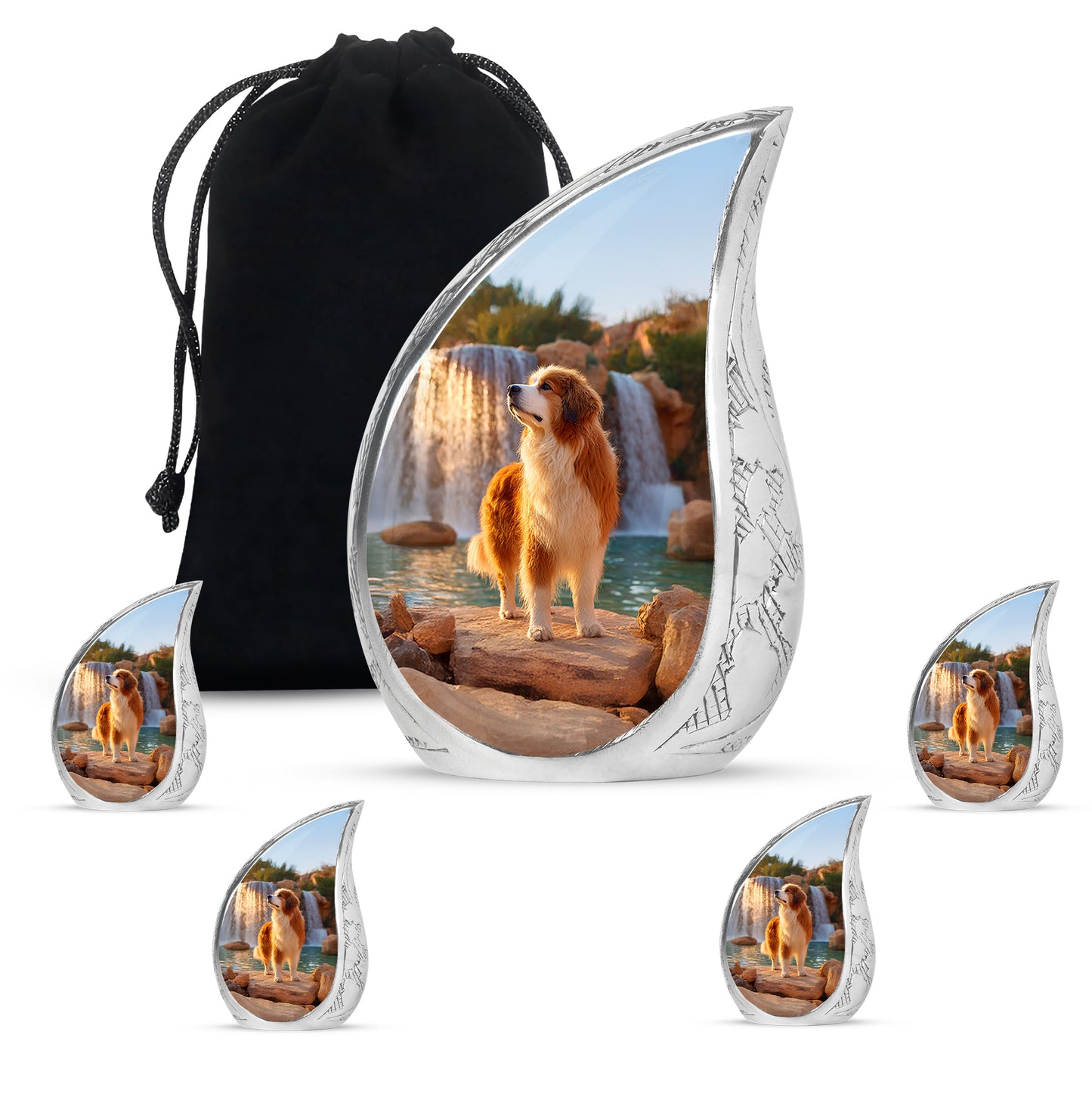 Bright Blue Dog Cremation Urn side profile showing urn shape - smooth teardrop contour featuring dog art - memorial set with one large and four small urns