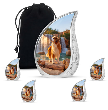 Bright Blue Dog Cremation Urn side profile showing urn shape - smooth teardrop contour featuring dog art - memorial set with one large and four small urns