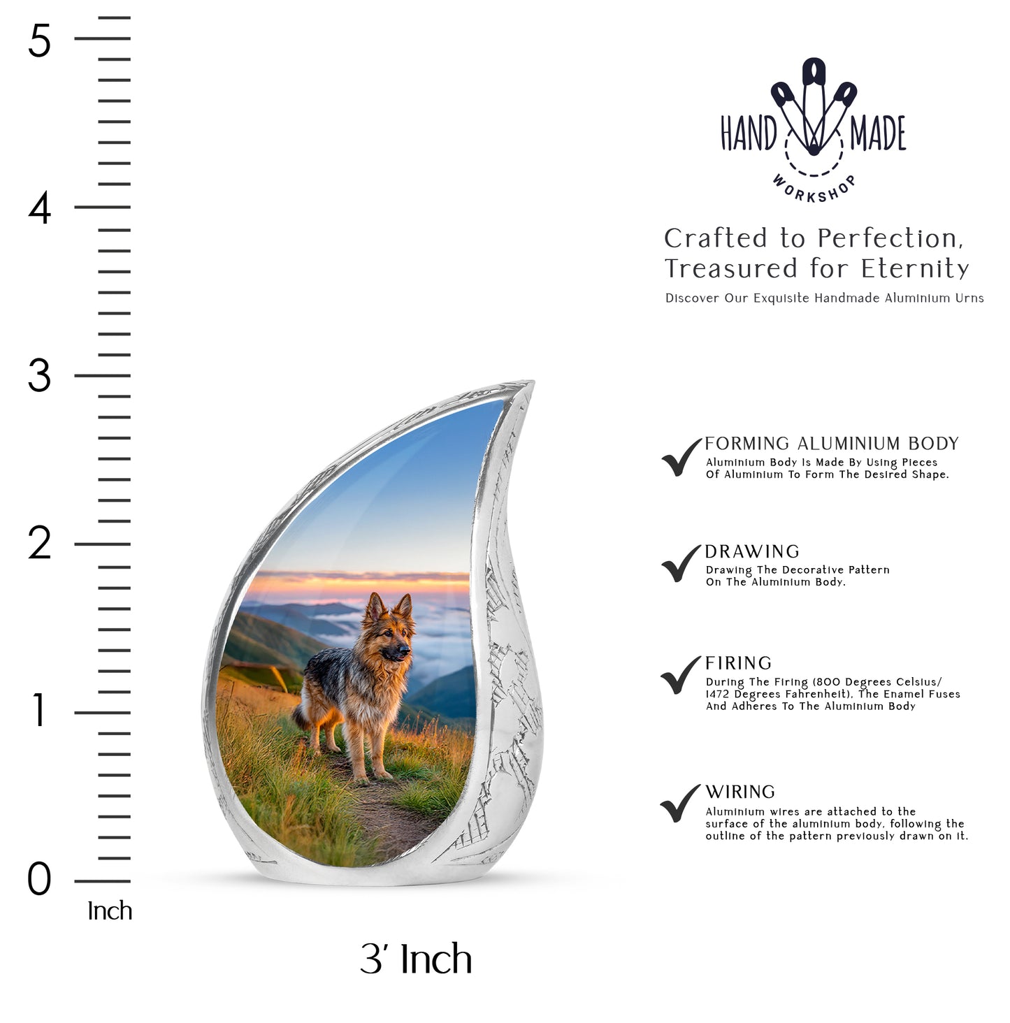 Pastel Blue Dog Cremation Urn angled view of lid and engraved motif - rounded teardrop dog design with delicate detail - mini keepsake memorial for portion of cremation ashes