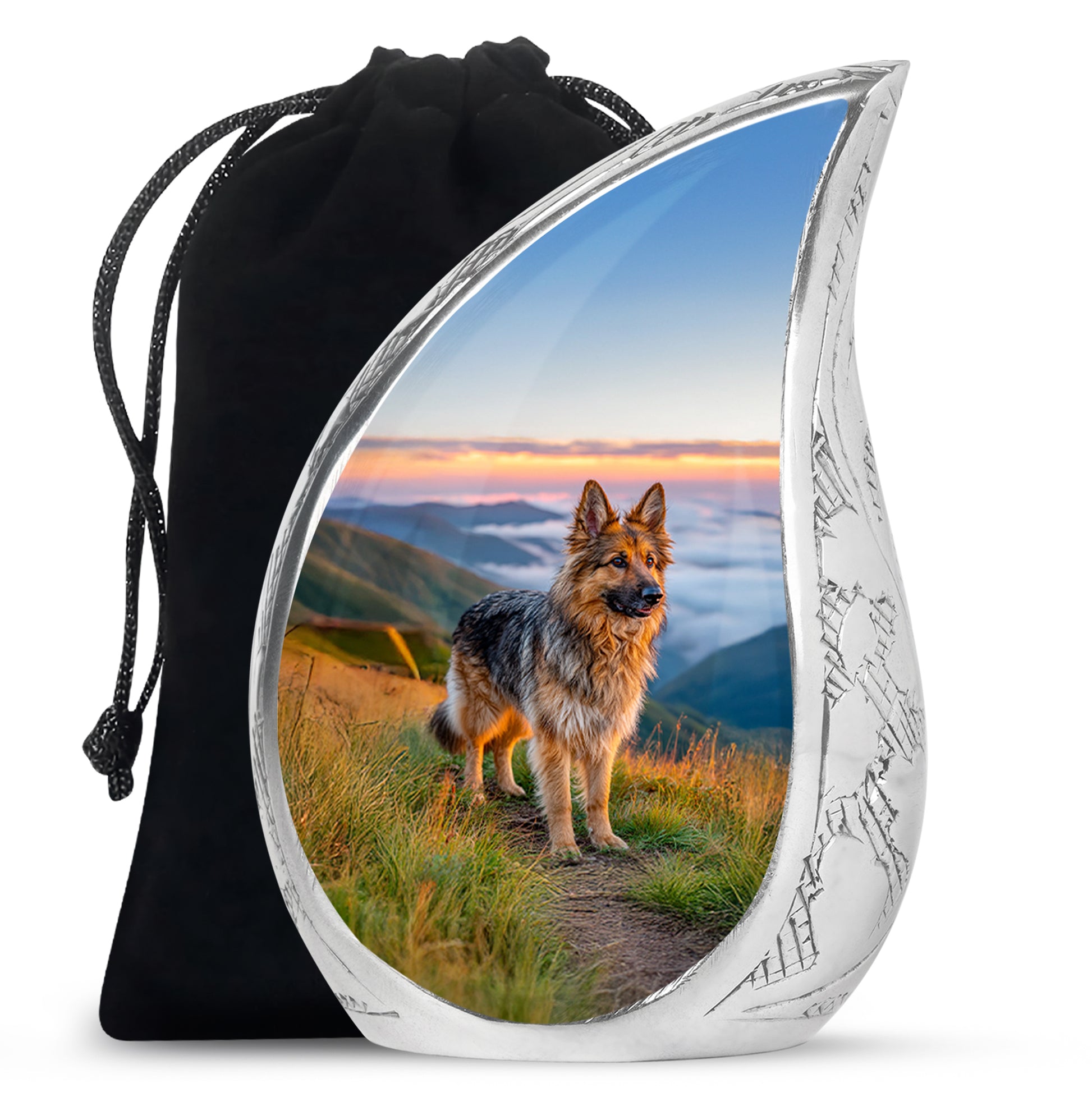 Celestial Blue Dog Cremation Urn front view showing detailed design - flowing teardrop dog silhouette on curved aluminum - full-size 10 inch 200 cubic inch adult cremation urn