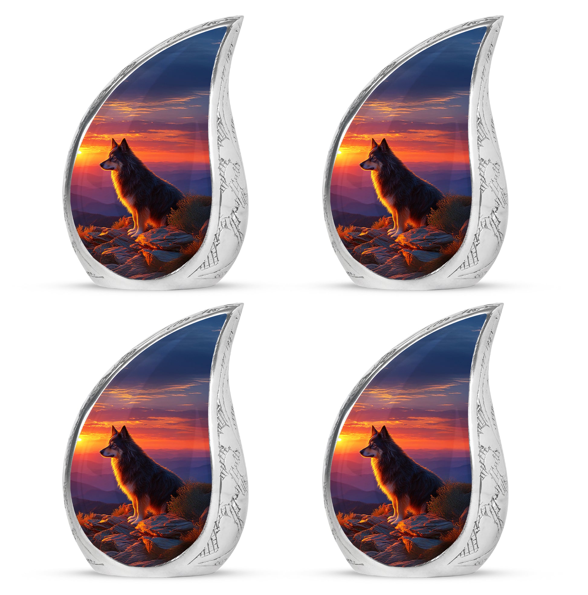 Cobalt Blue Dog Cremation Urn close-up of engraving and surface detail - graceful tear-shaped urn with dog motif - 10 inch aluminum urn for cremated remains
