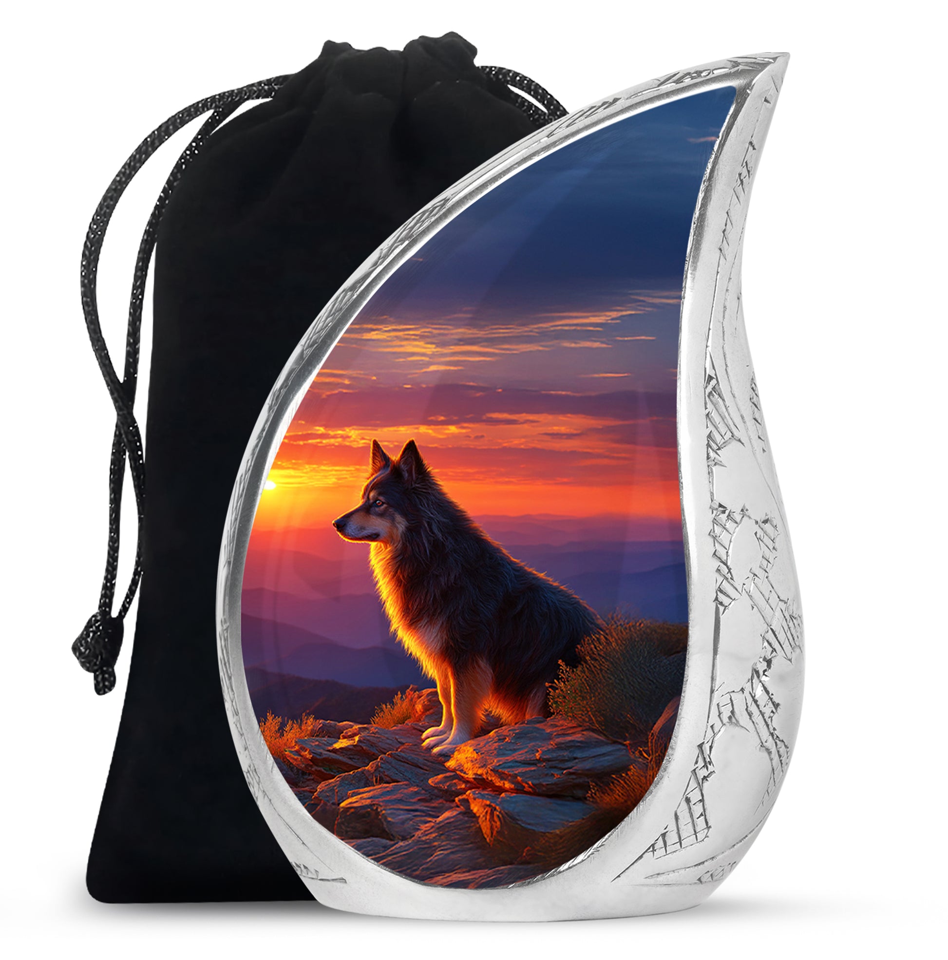 Pastel Blue Dog Cremation Urn front view showing detailed design - rounded teardrop dog design with delicate detail - full-size 10 inch 200 cubic inch adult cremation urn