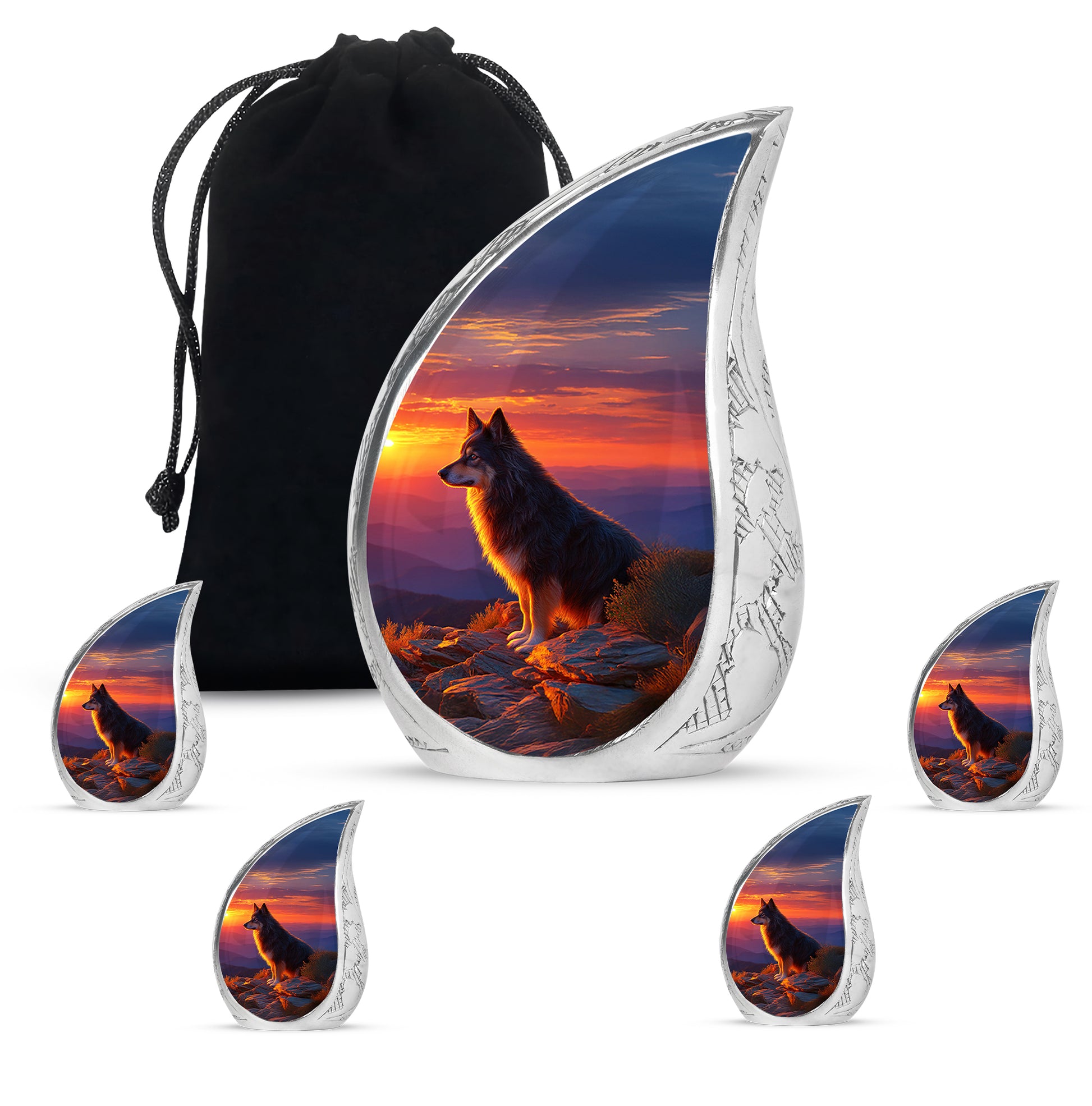 Serene Blue Dog Cremation Urn side profile showing urn shape - smooth teardrop contour featuring dog art - memorial set with one large and four small urns