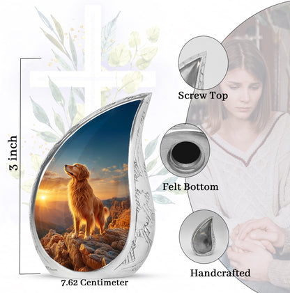 Powder Blue Dog Cremation Urn angled view of lid and engraved motif - rounded teardrop dog design with delicate detail - mini keepsake memorial for portion of cremation ashes