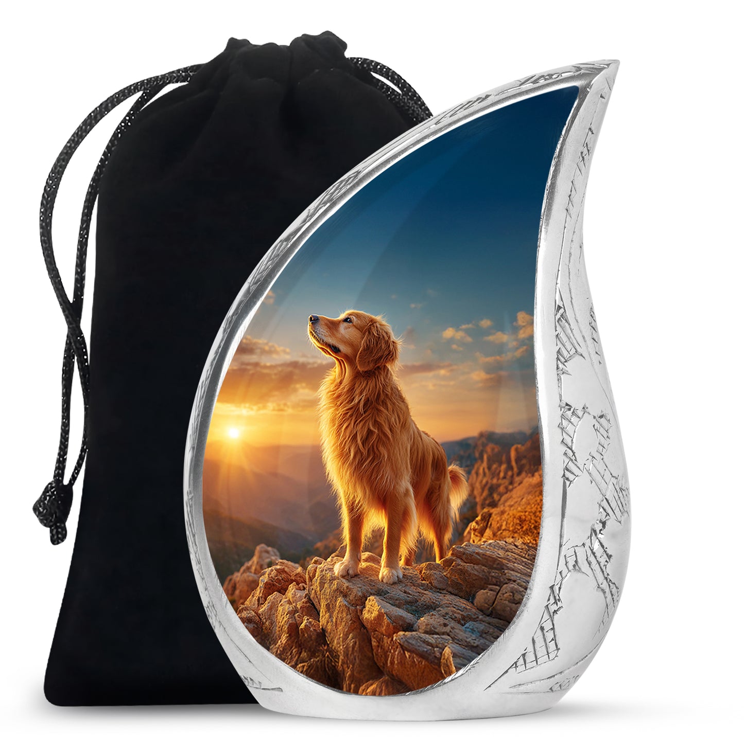 Twilight Blue Dog Cremation Urn front view showing detailed design - graceful tear-shaped urn with dog motif - full-size 10 inch 200 cubic inch adult cremation urn